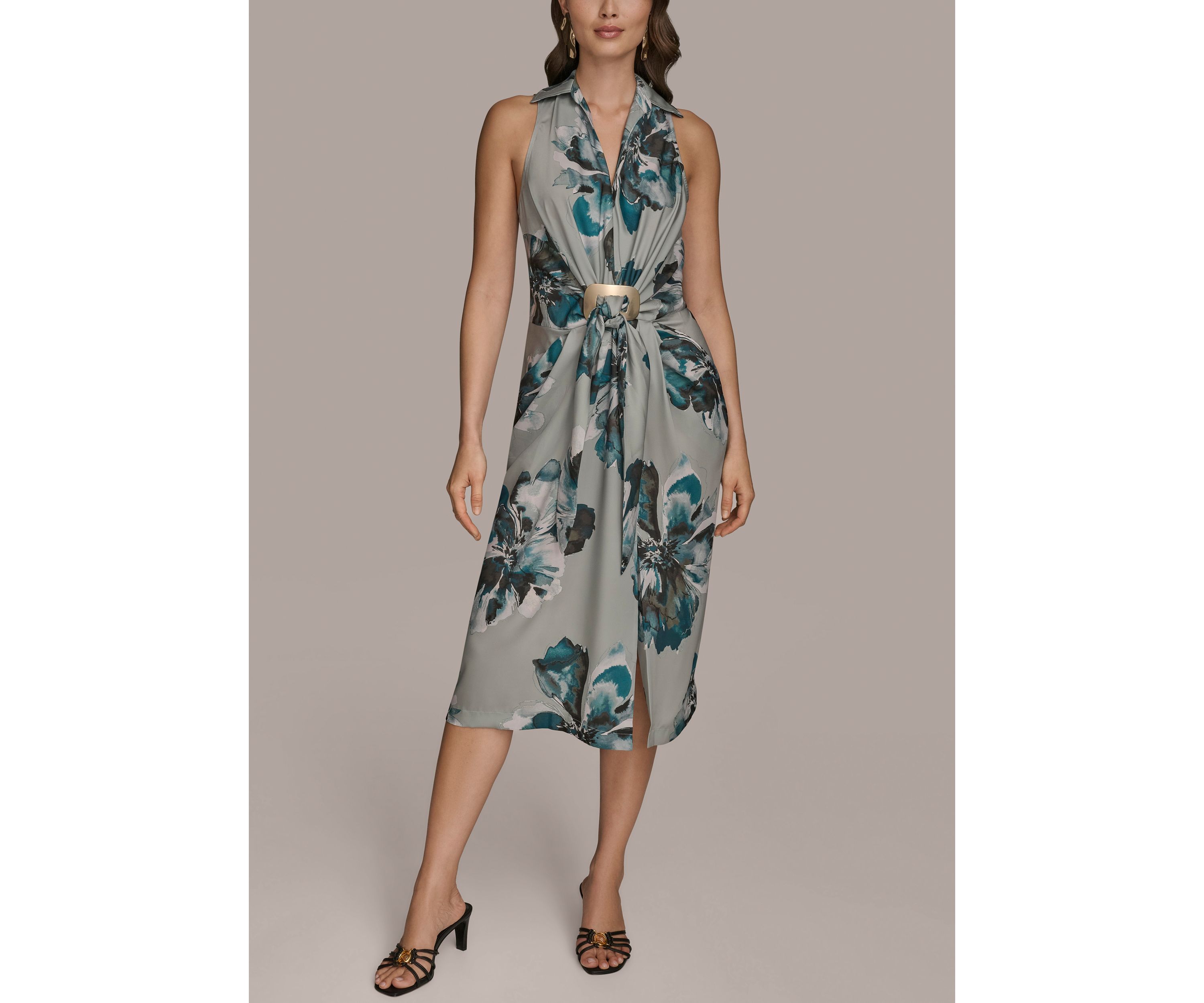 Womens Sleeveless Ruched Floral Hardware Dress