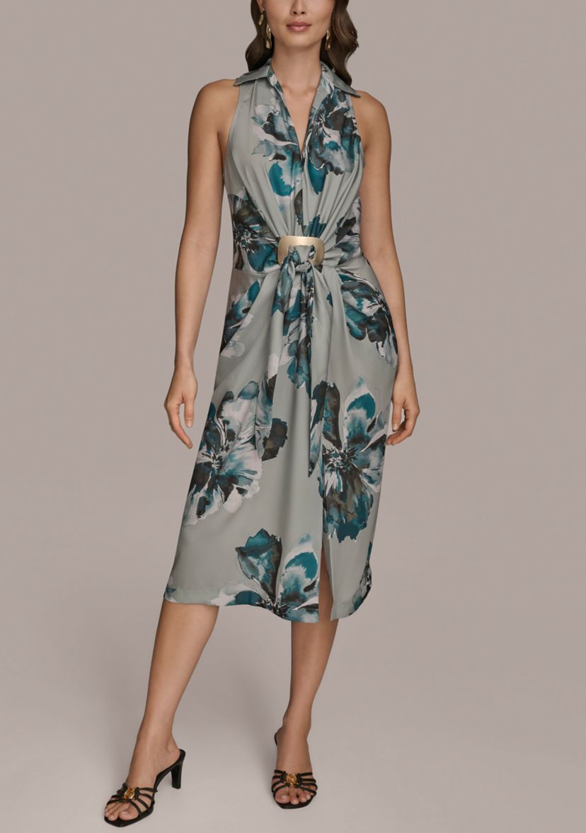Womens Sleeveless Ruched Floral Hardware Dress