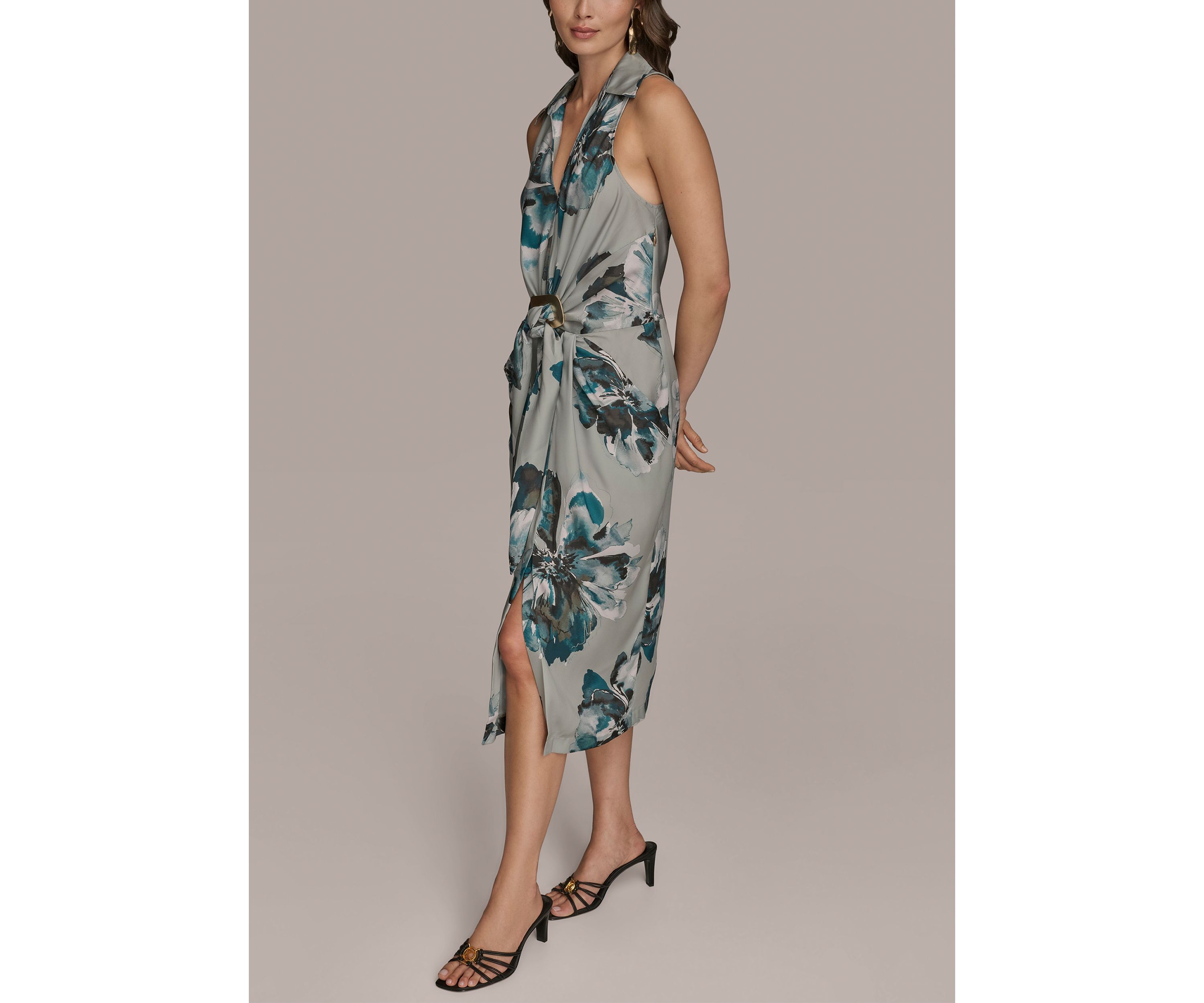 Womens Sleeveless Ruched Floral Hardware Dress