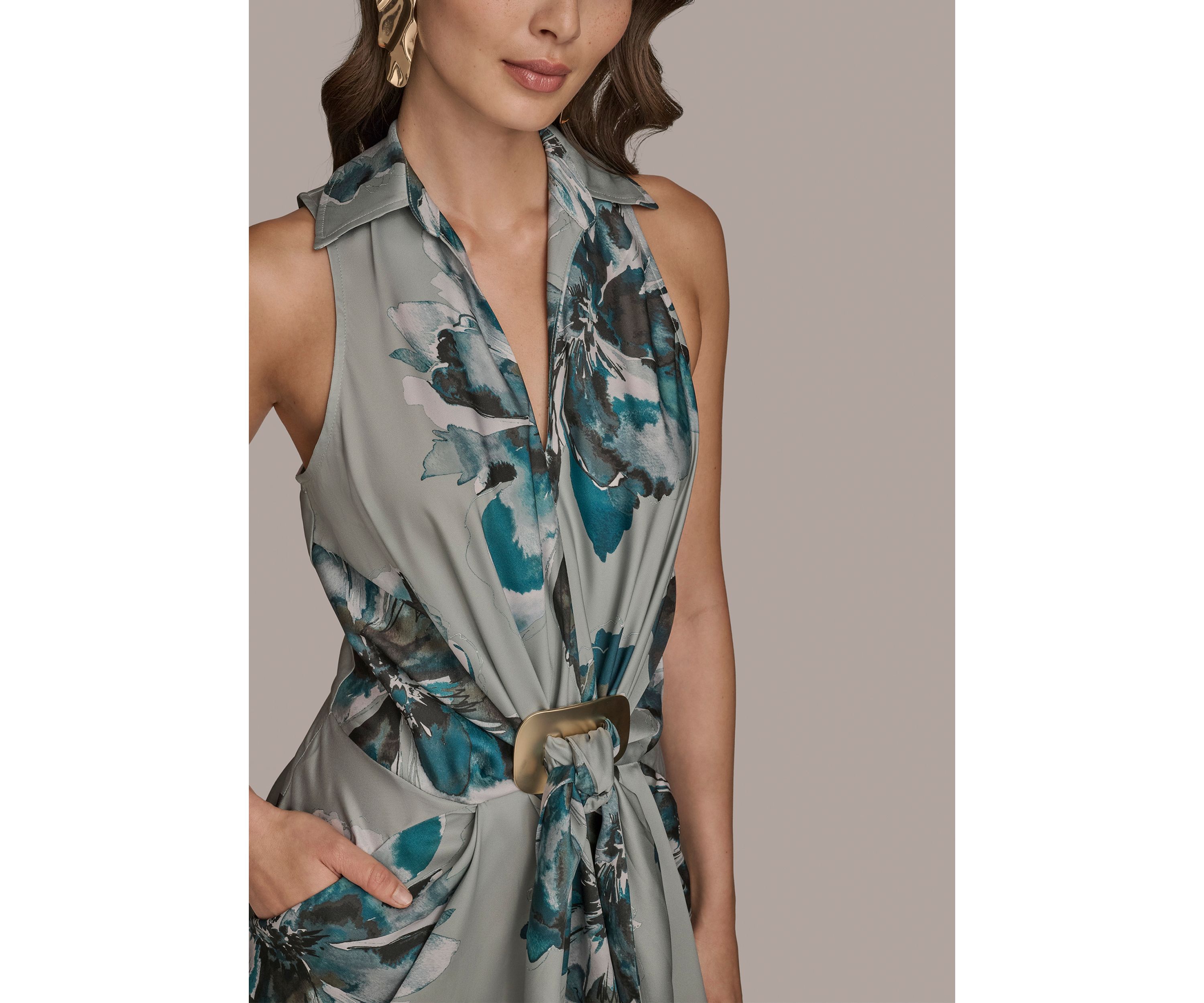 Womens Sleeveless Ruched Floral Hardware Dress