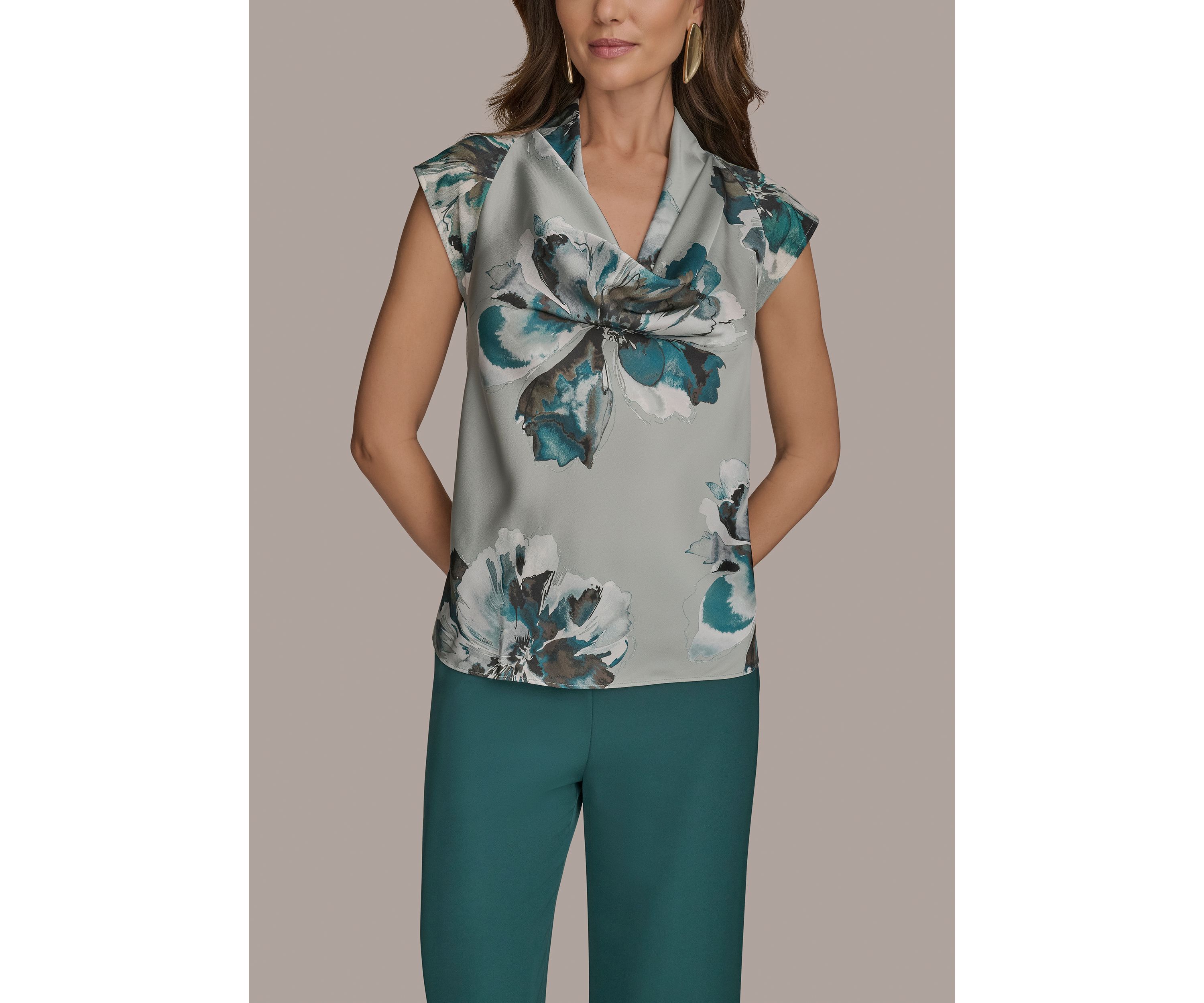 Womens Floral Printed Cowl Neck Blouse