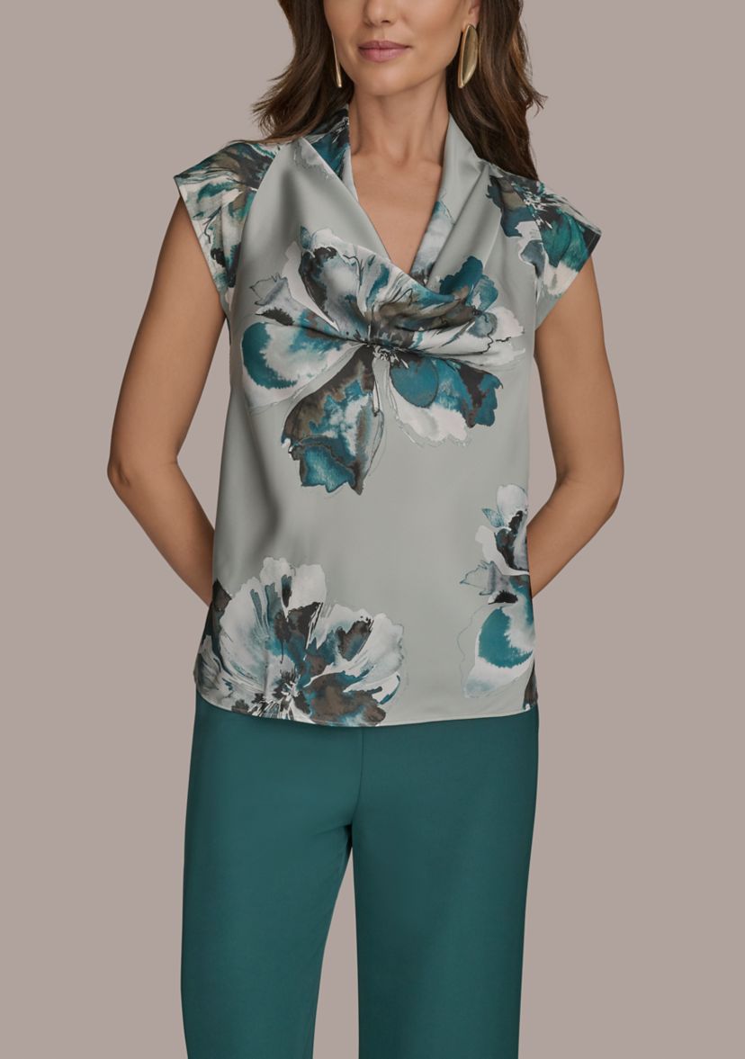 Womens Floral Printed Cowl Neck Blouse