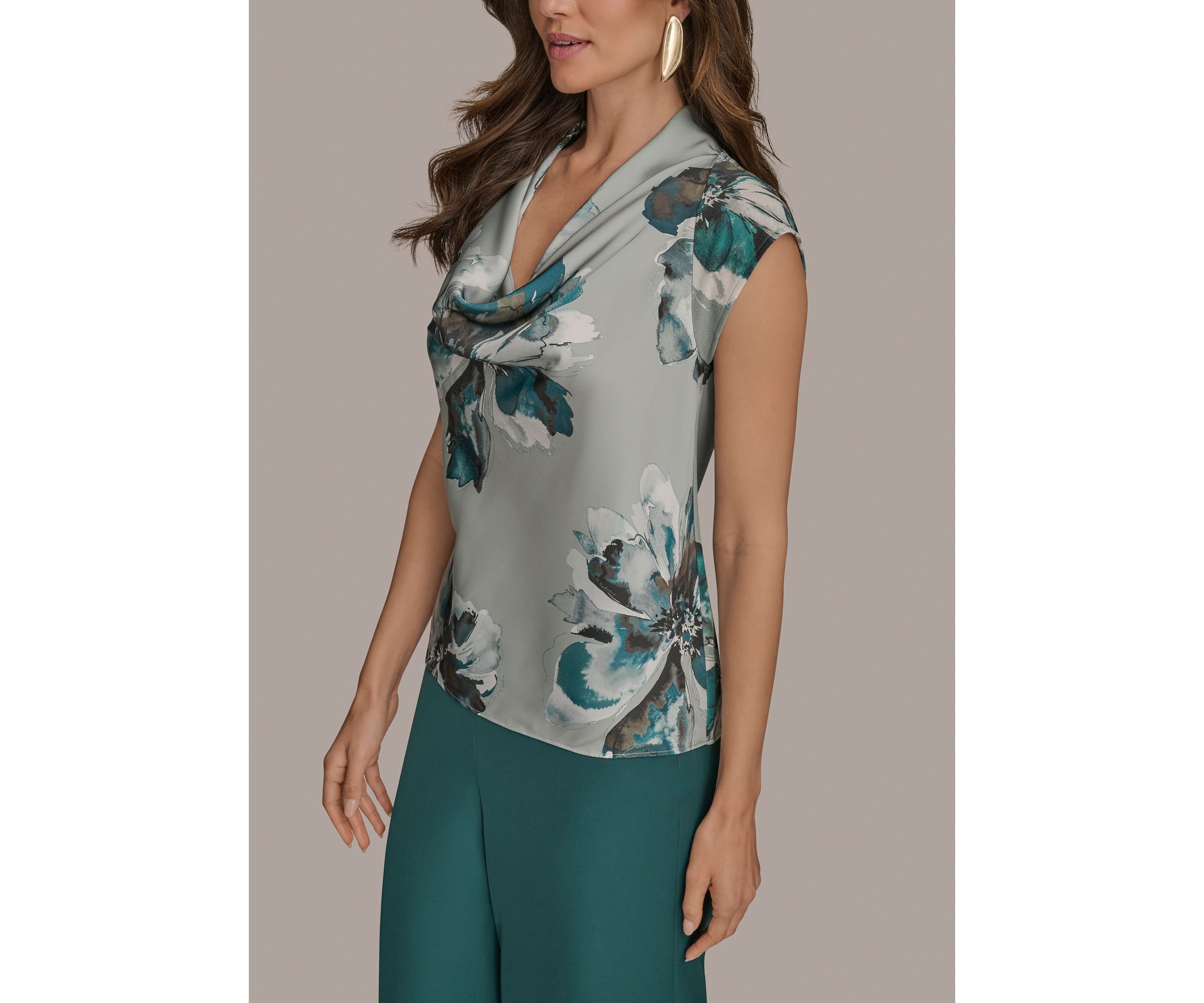 Womens Floral Printed Cowl Neck Blouse