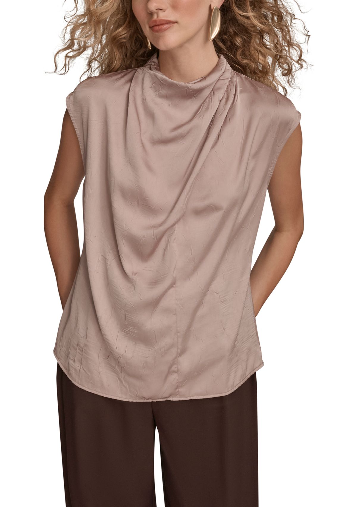 Womens Crinkle Cap Sleeve Cowl Neck Top 