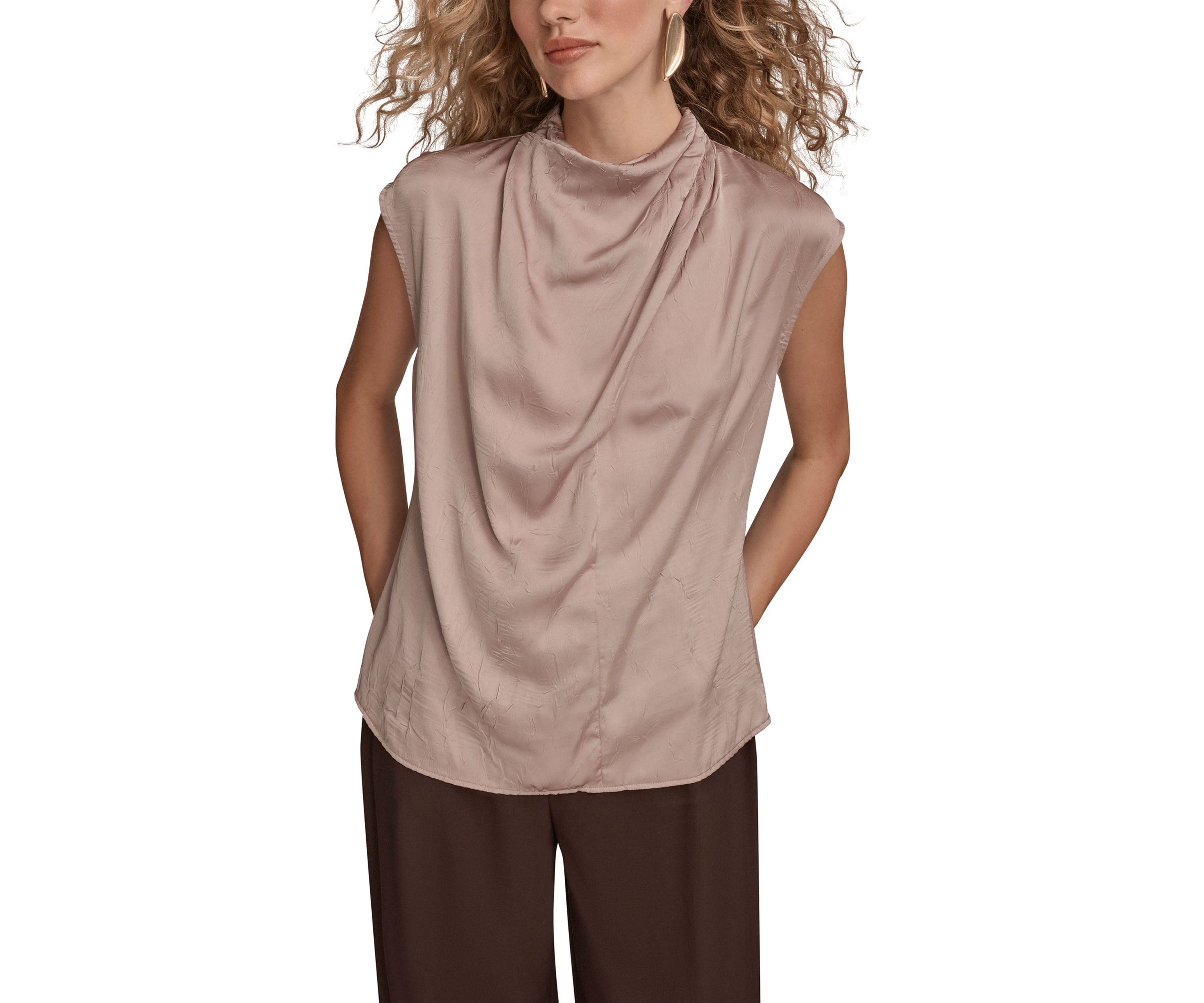Womens Crinkle Cap Sleeve Cowl Neck Top 