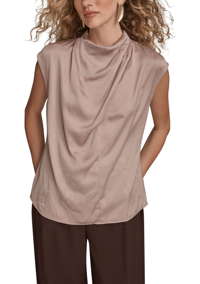 Womens Crinkle Cap Sleeve Cowl Neck Top 