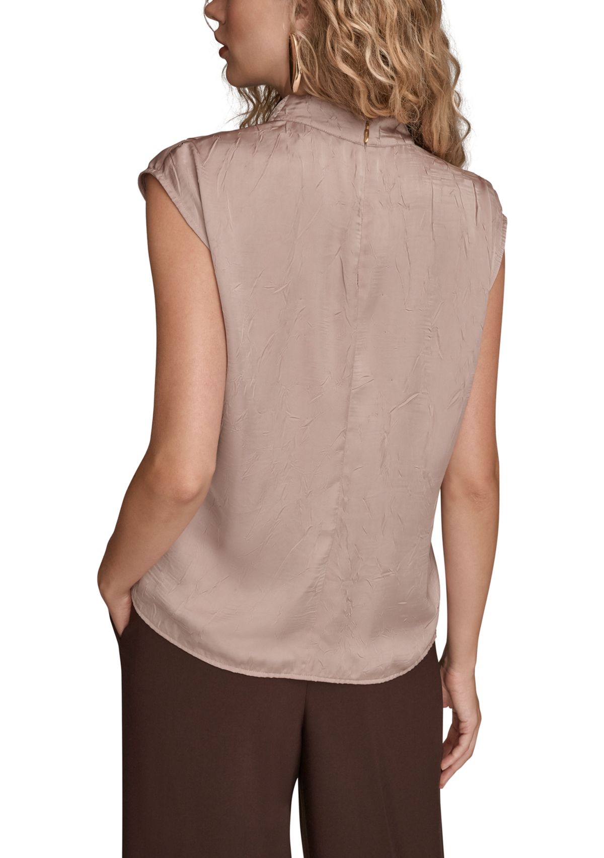 Womens Crinkle Cap Sleeve Cowl Neck Top 