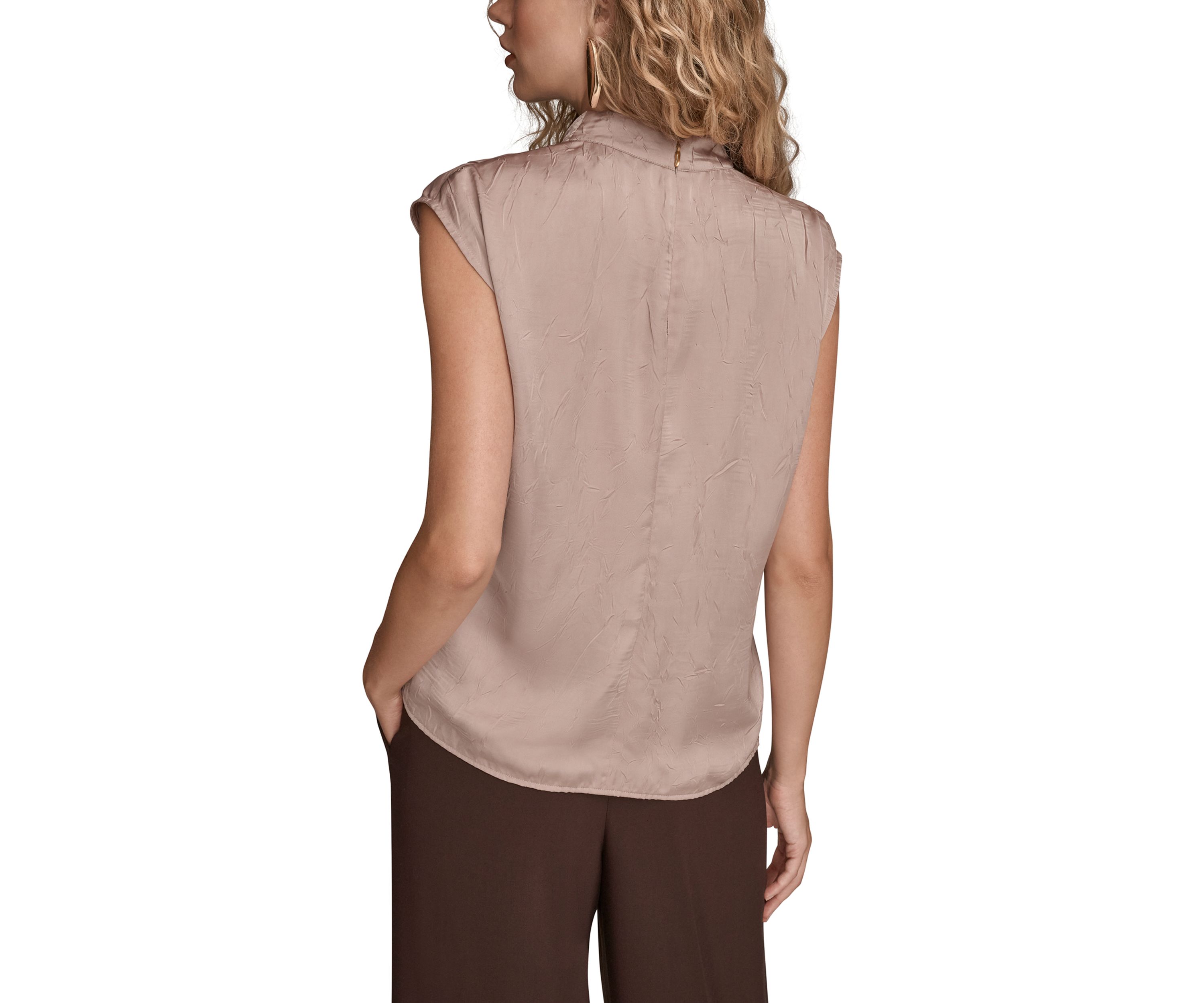 Womens Crinkle Cap Sleeve Cowl Neck Top 