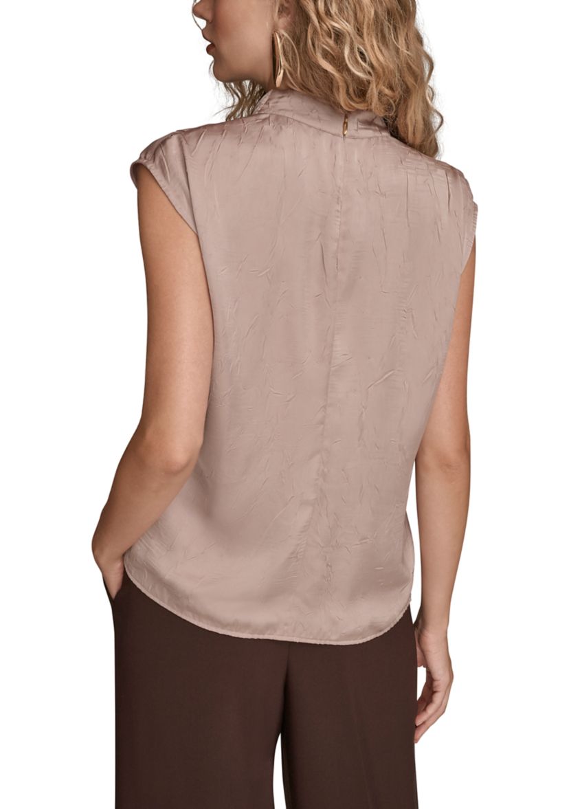 Womens Crinkle Cap Sleeve Cowl Neck Top 