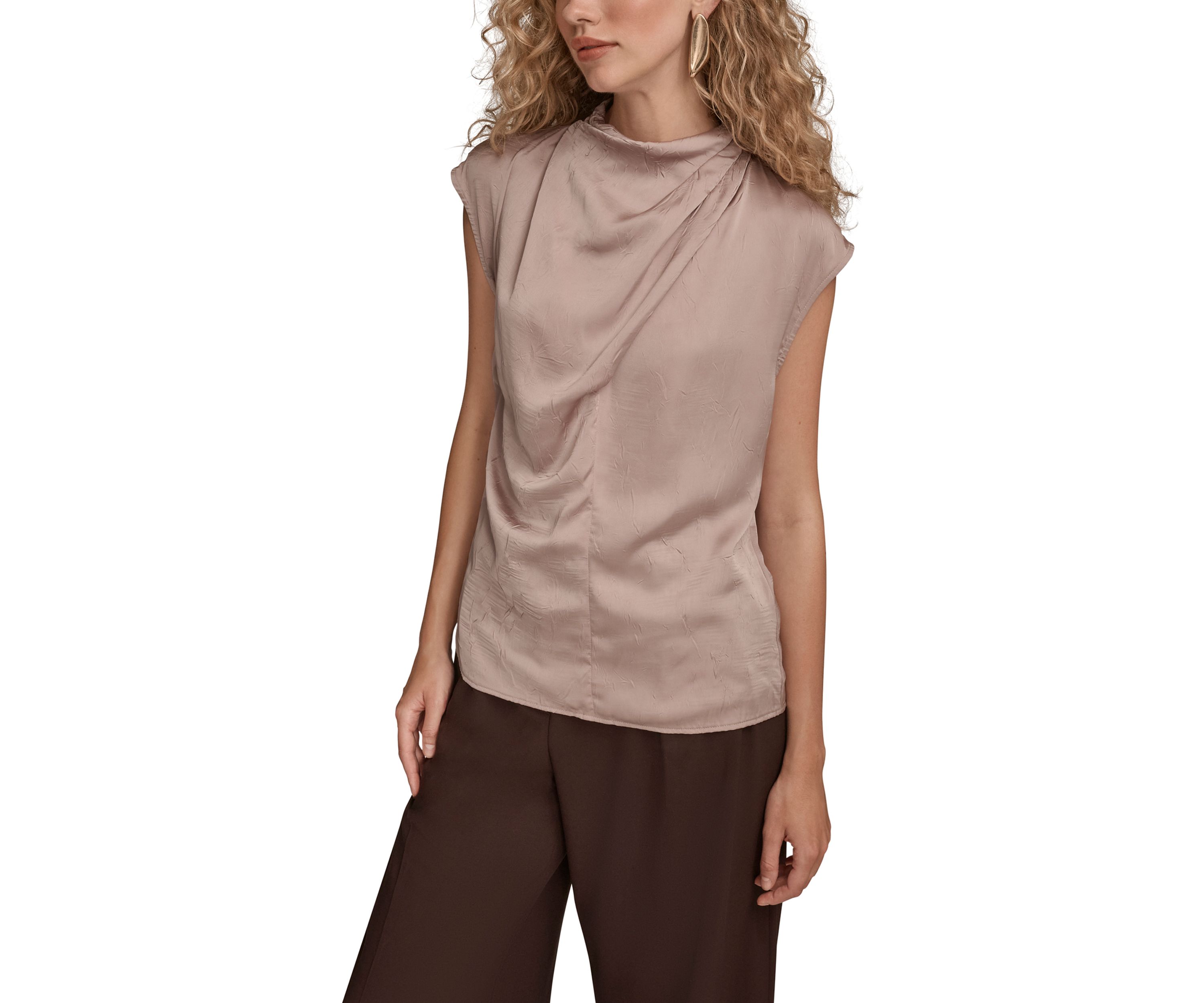 Womens Crinkle Cap Sleeve Cowl Neck Top 