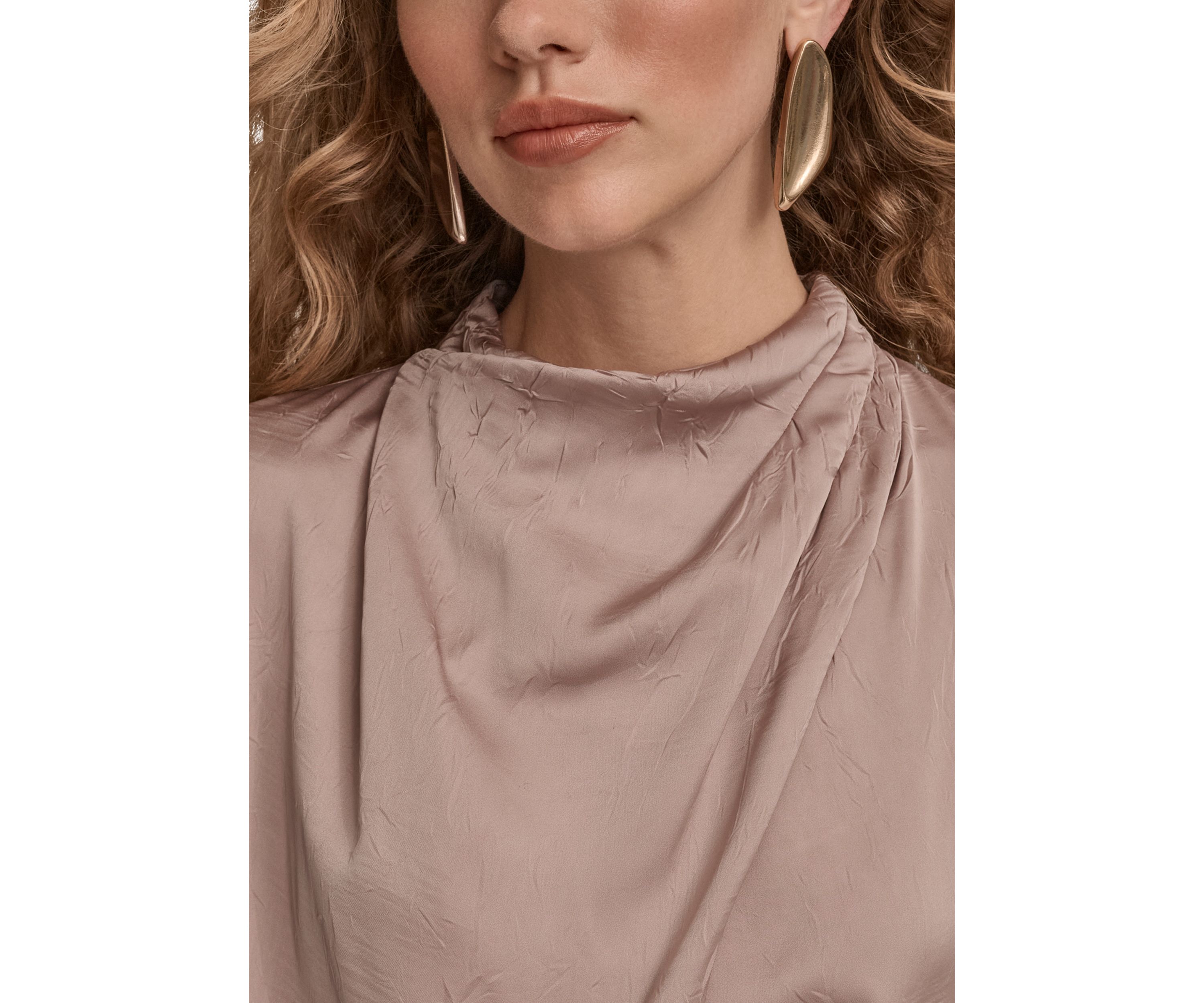 Womens Crinkle Cap Sleeve Cowl Neck Top 
