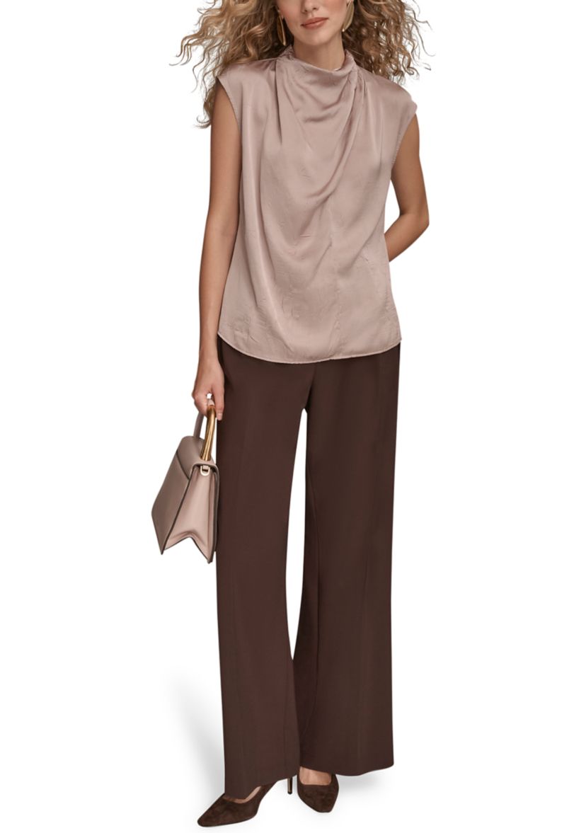 Womens Crinkle Cap Sleeve Cowl Neck Top 