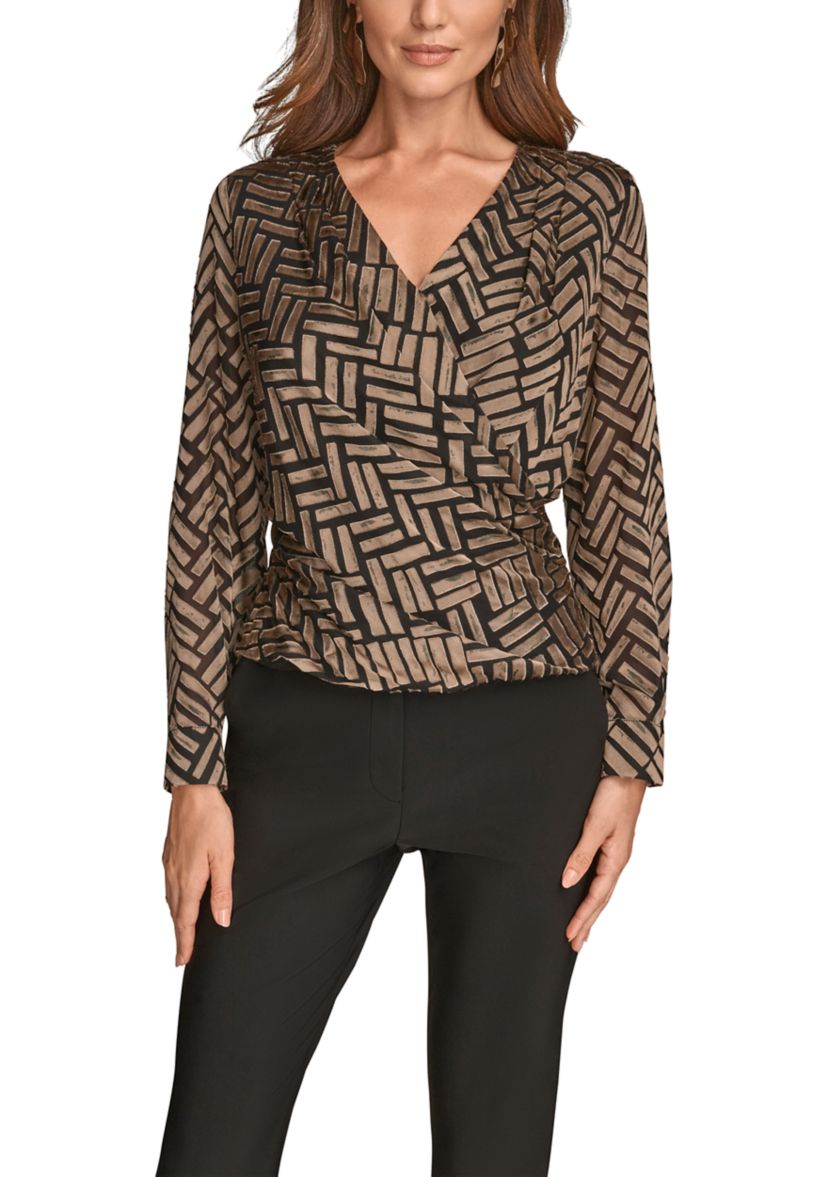 Womens Long Sleeve Wrap Chevron Burnout Dress 
