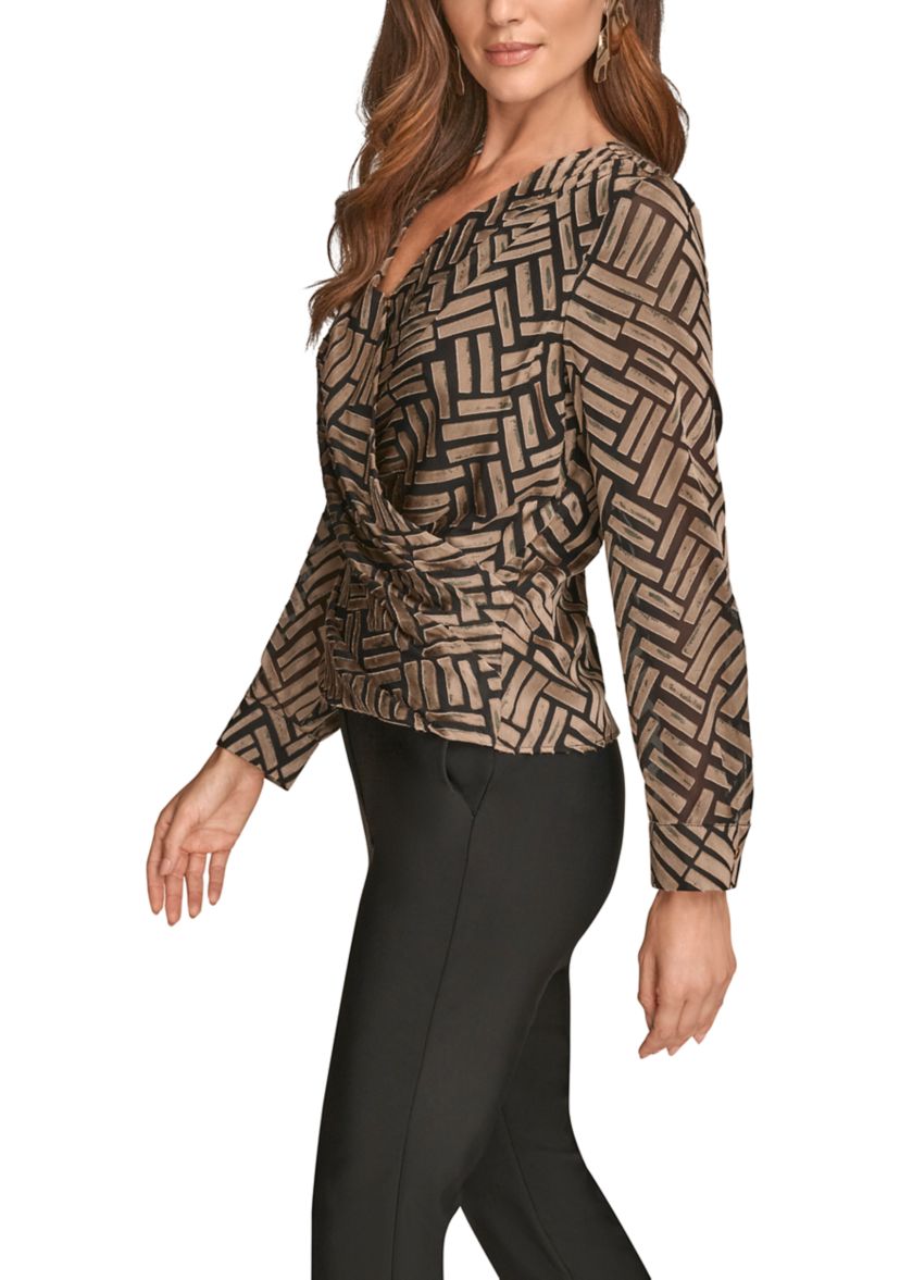 Womens Long Sleeve Wrap Chevron Burnout Dress 