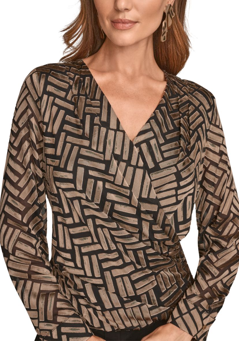 Womens Long Sleeve Wrap Chevron Burnout Dress 