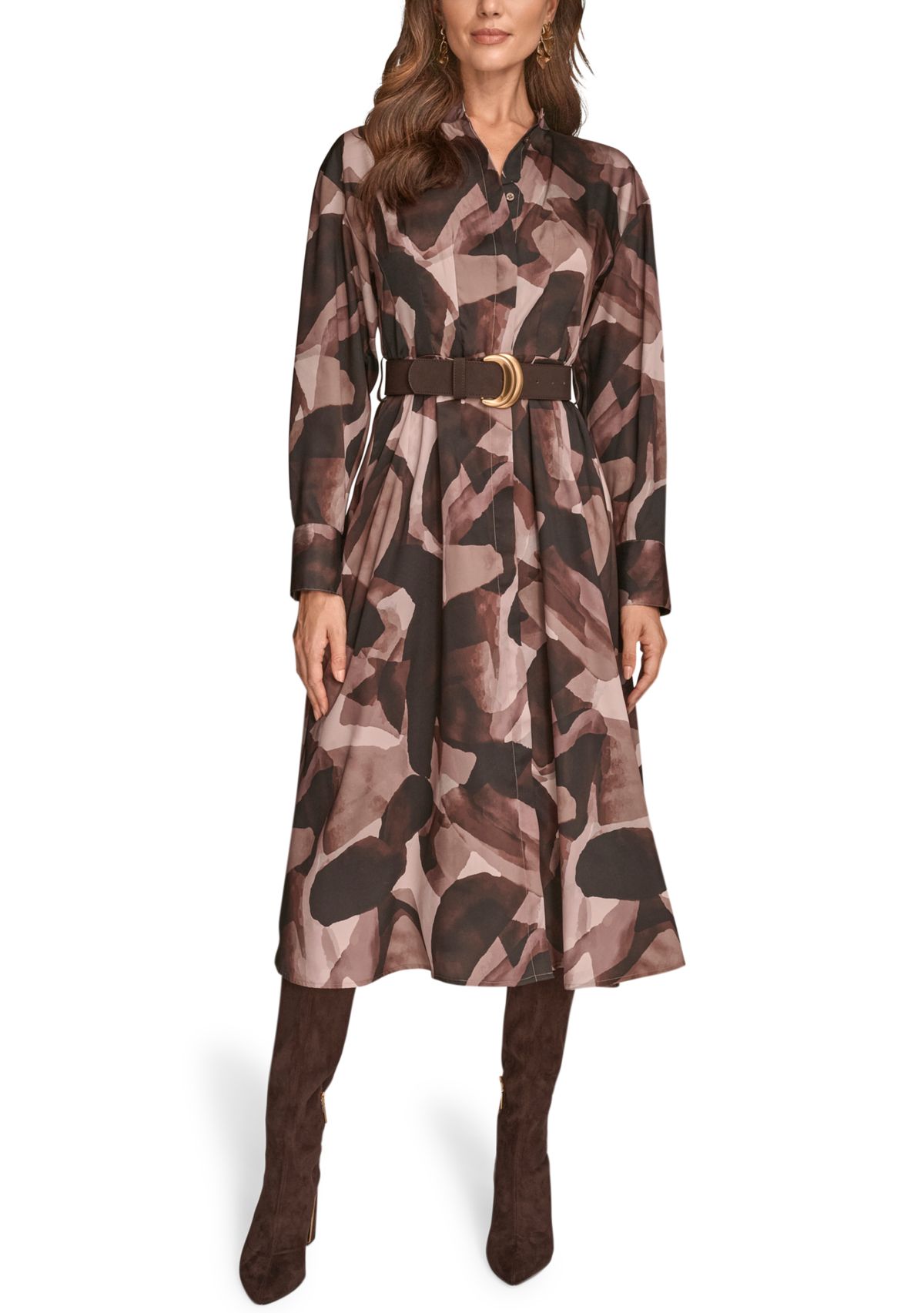 Womens Printed Long Sleeve Button Front Dress 