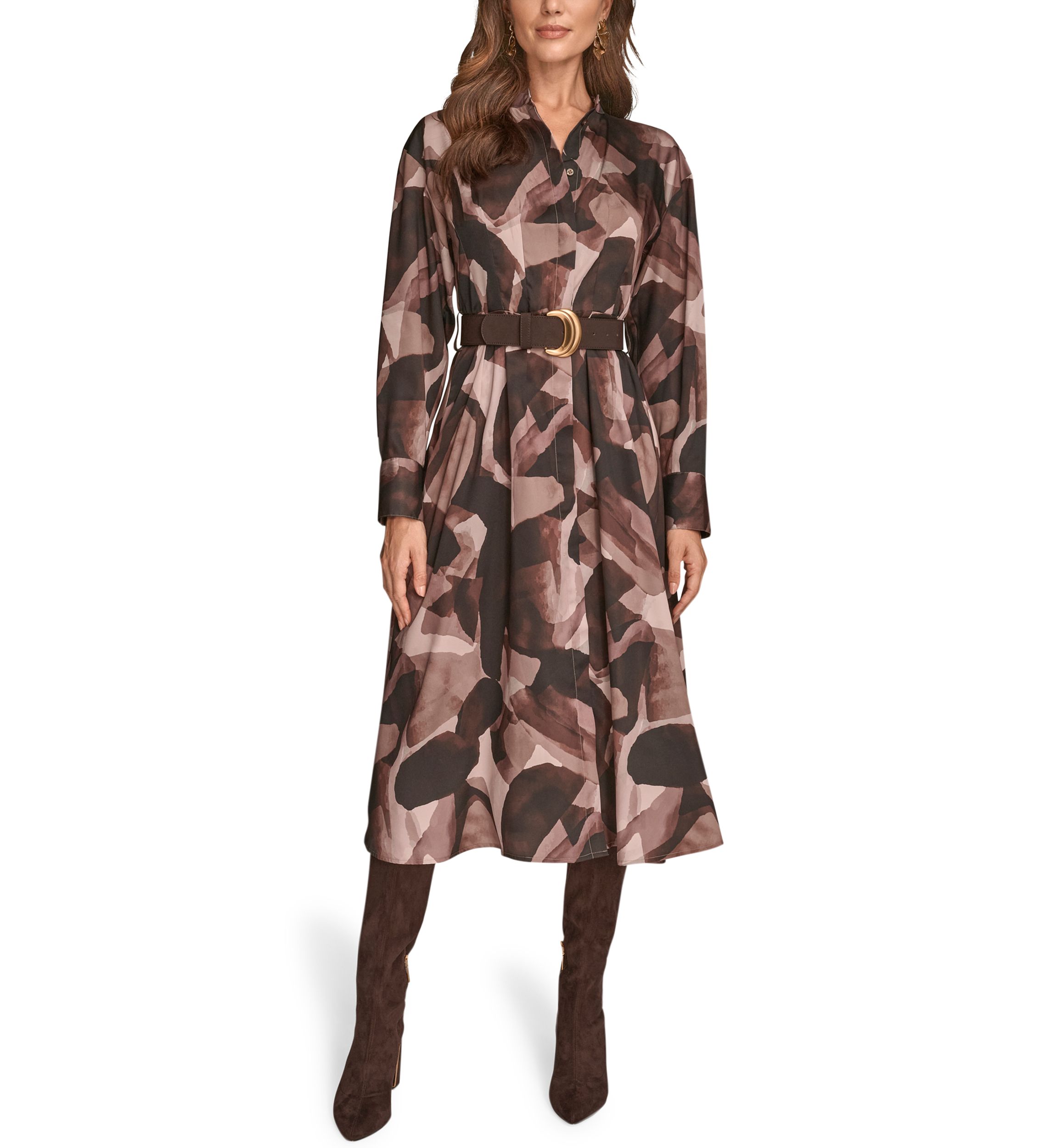 Womens Printed Long Sleeve Button Front Dress 