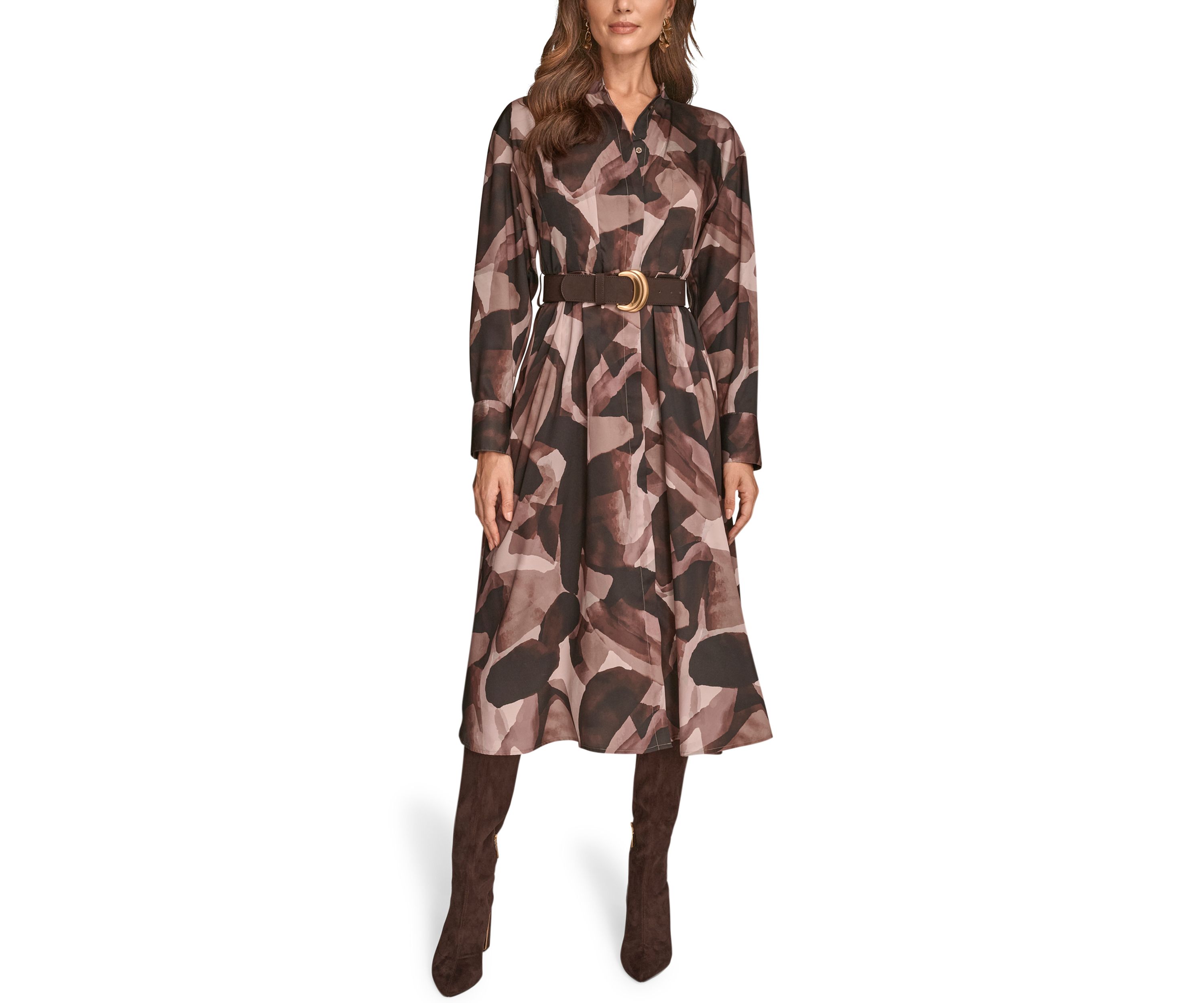Womens Printed Long Sleeve Button Front Dress 