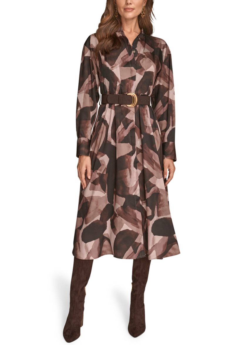 Womens Printed Long Sleeve Button Front Dress 