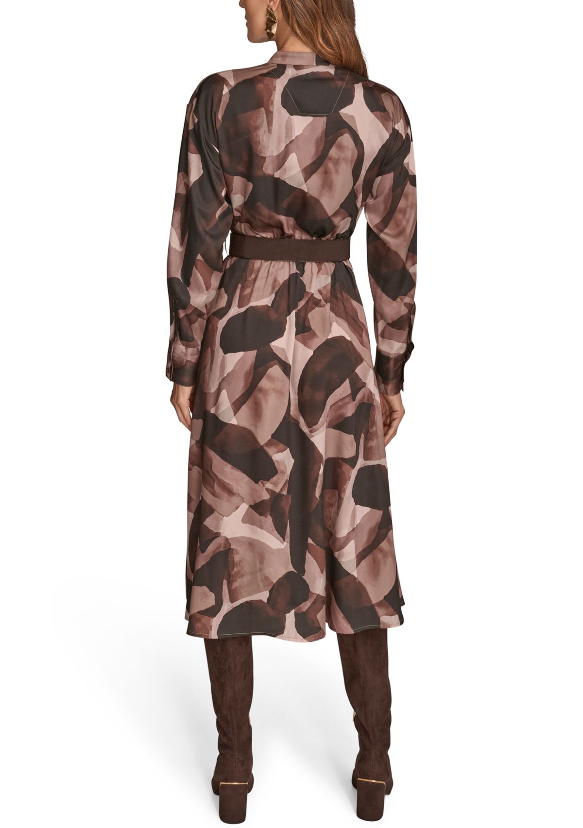 Womens Printed Long Sleeve Button Front Dress 