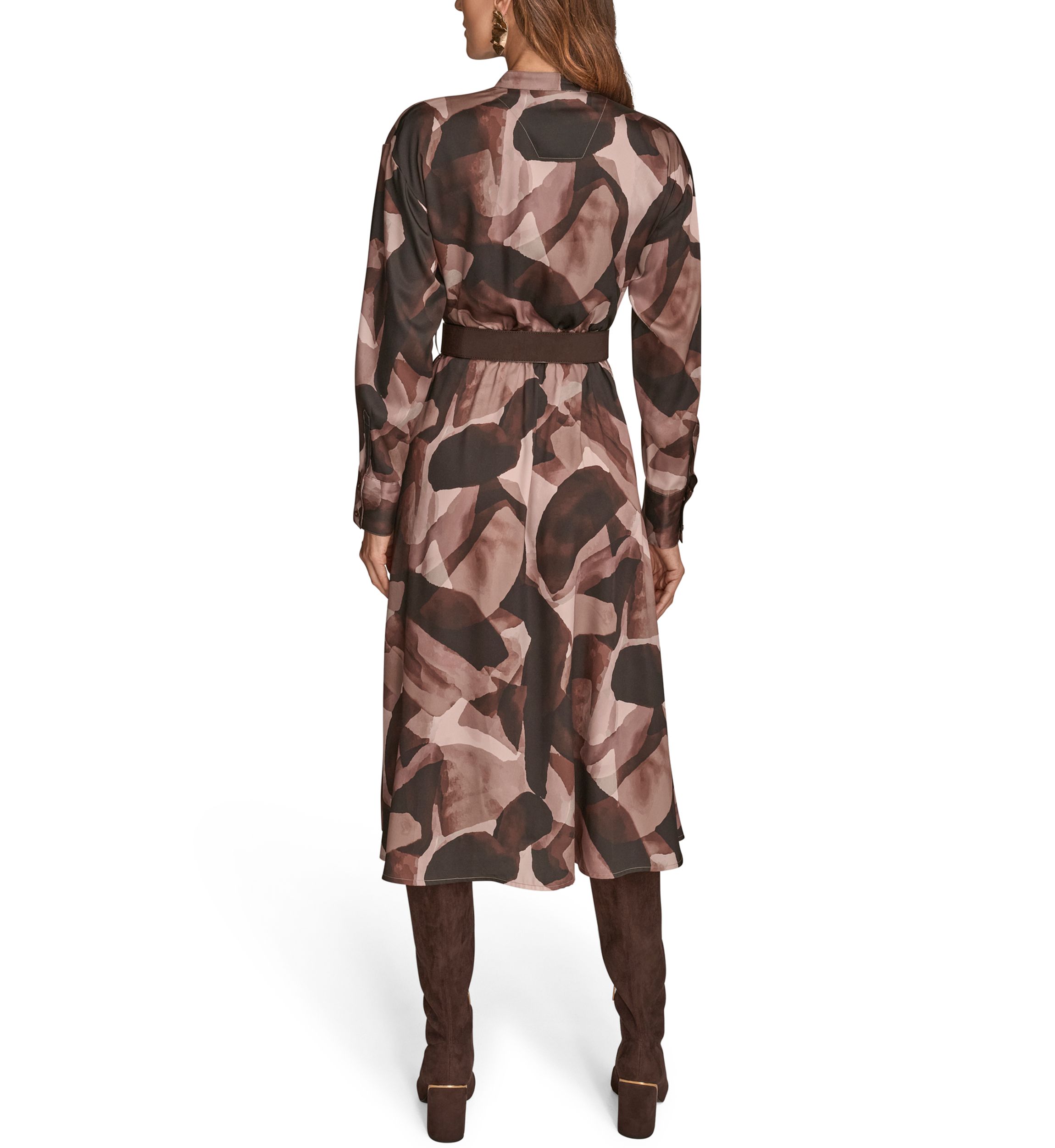 Womens Printed Long Sleeve Button Front Dress 
