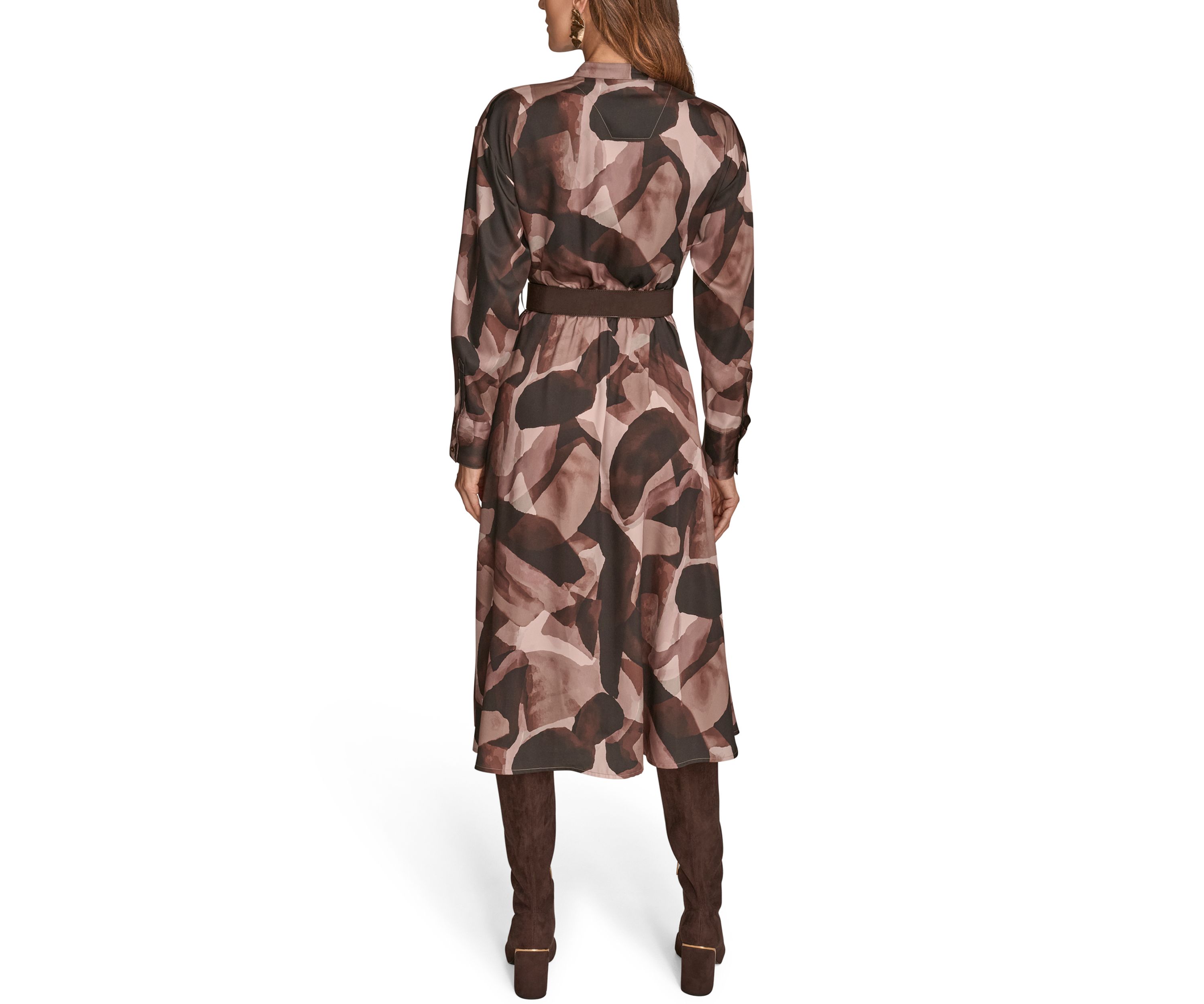 Womens Printed Long Sleeve Button Front Dress 