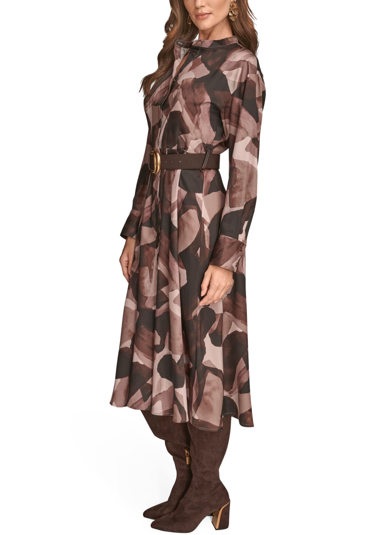 Womens Printed Long Sleeve Button Front Dress 
