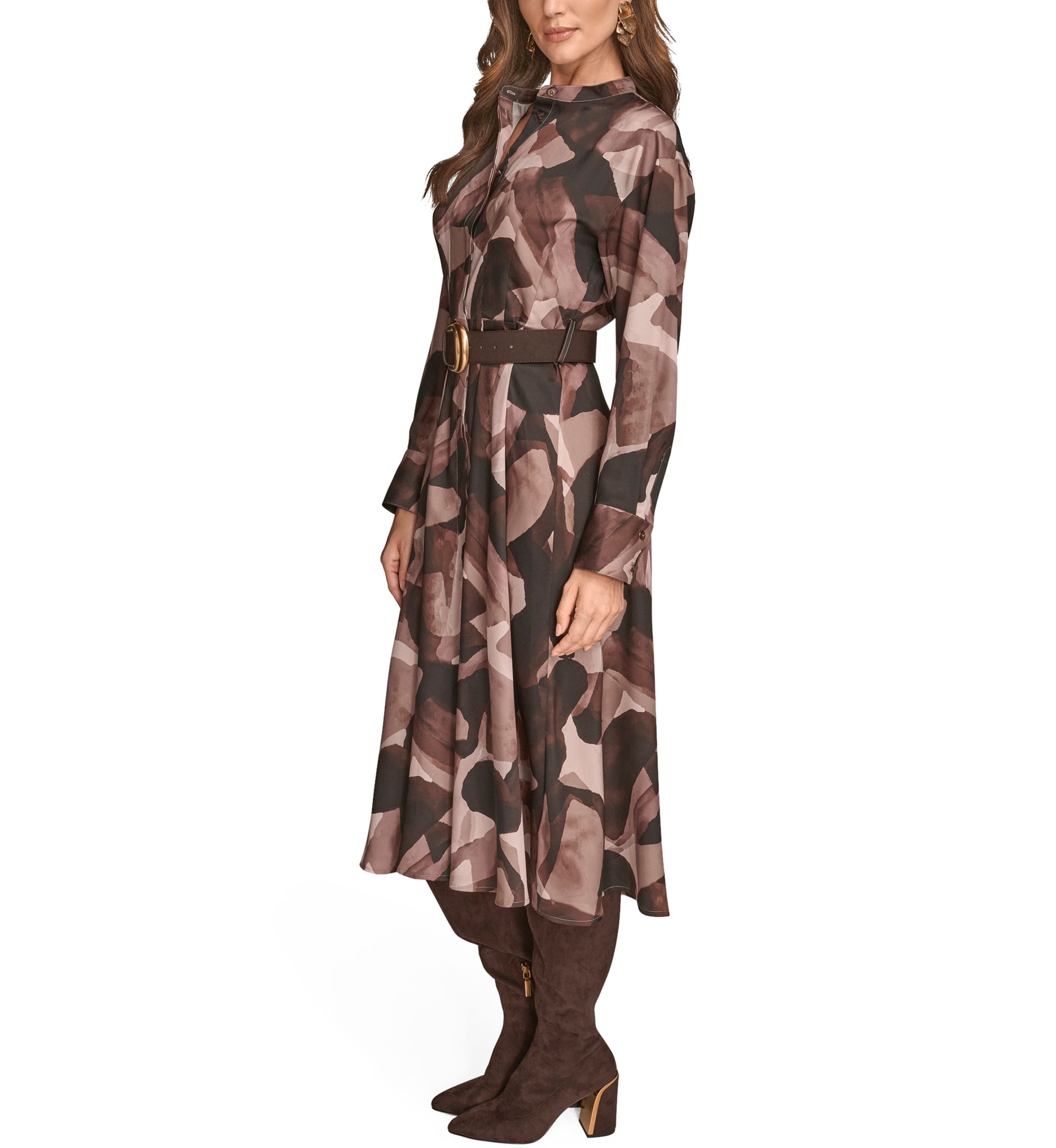 Womens Printed Long Sleeve Button Front Dress 