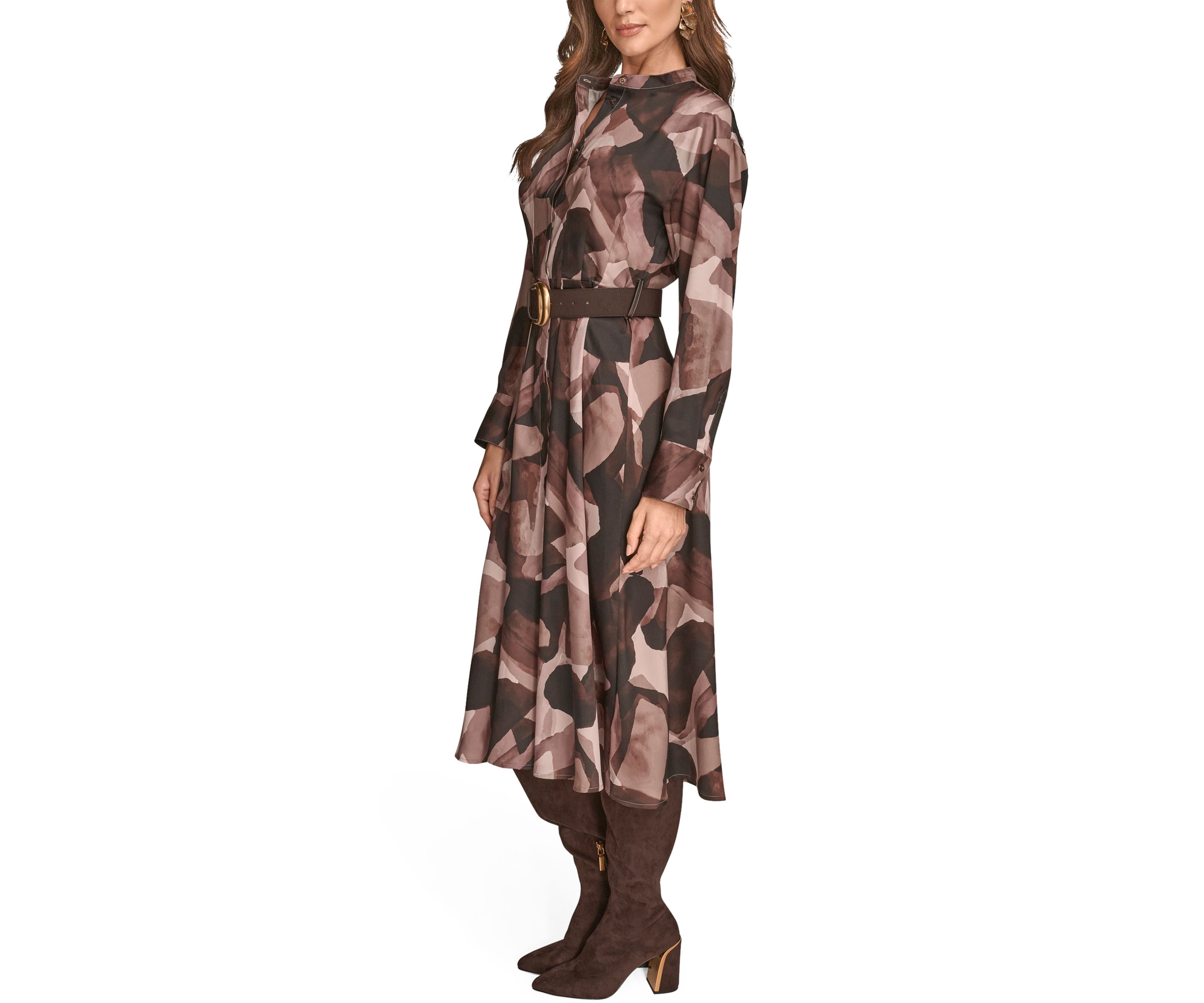Womens Printed Long Sleeve Button Front Dress 