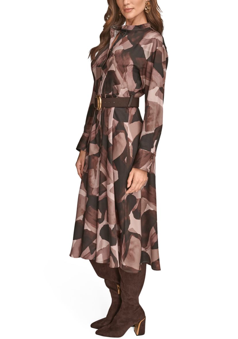 Womens Printed Long Sleeve Button Front Dress 