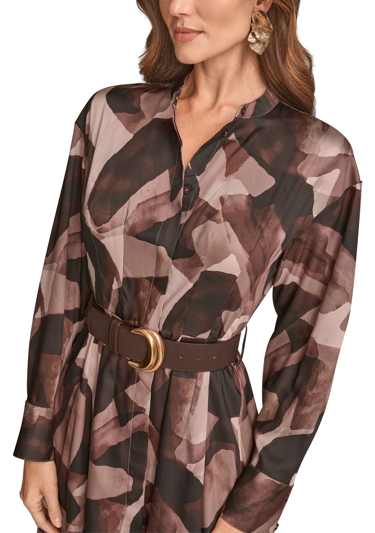 Womens Printed Long Sleeve Button Front Dress 