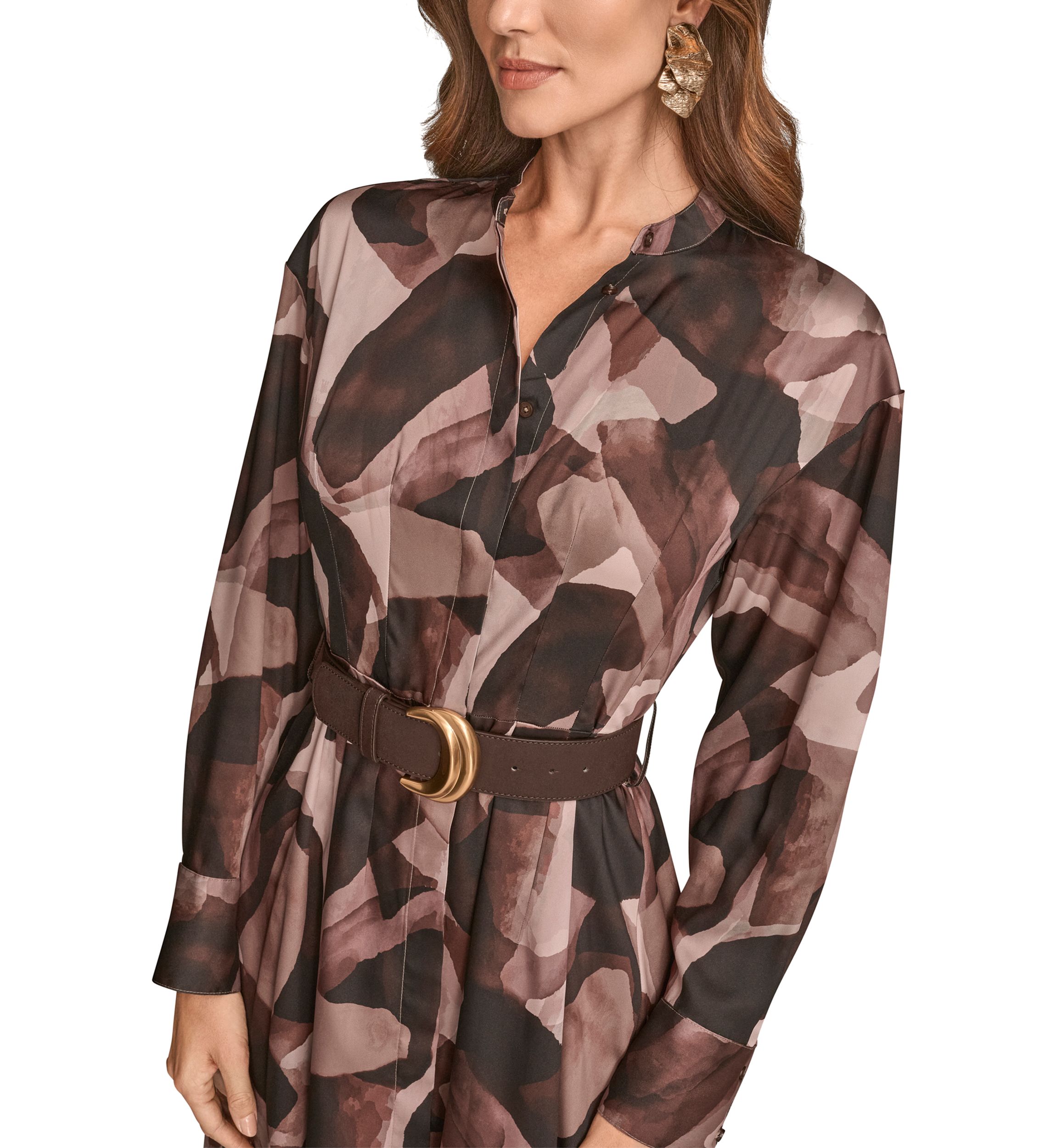 Womens Printed Long Sleeve Button Front Dress 