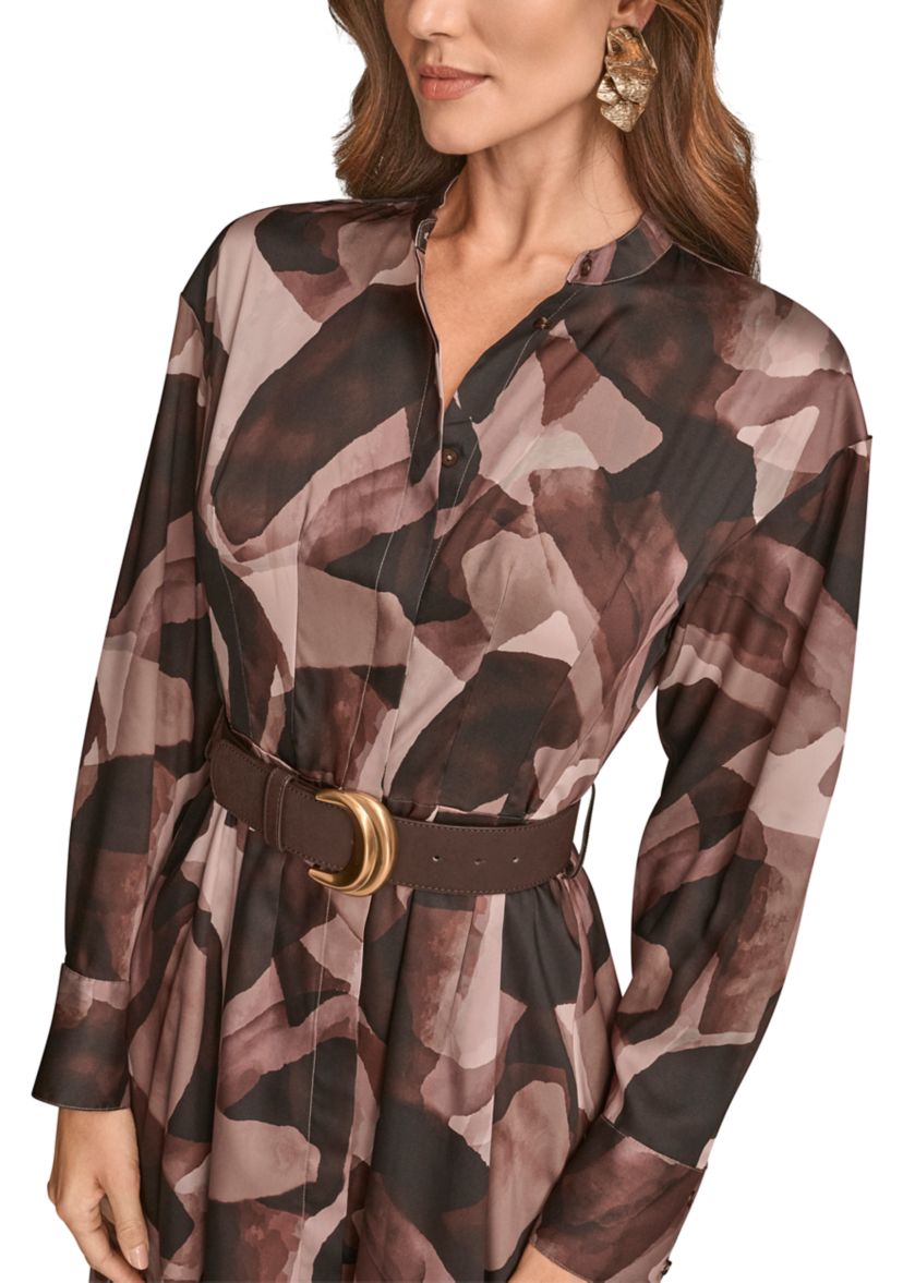 Womens Printed Long Sleeve Button Front Dress 