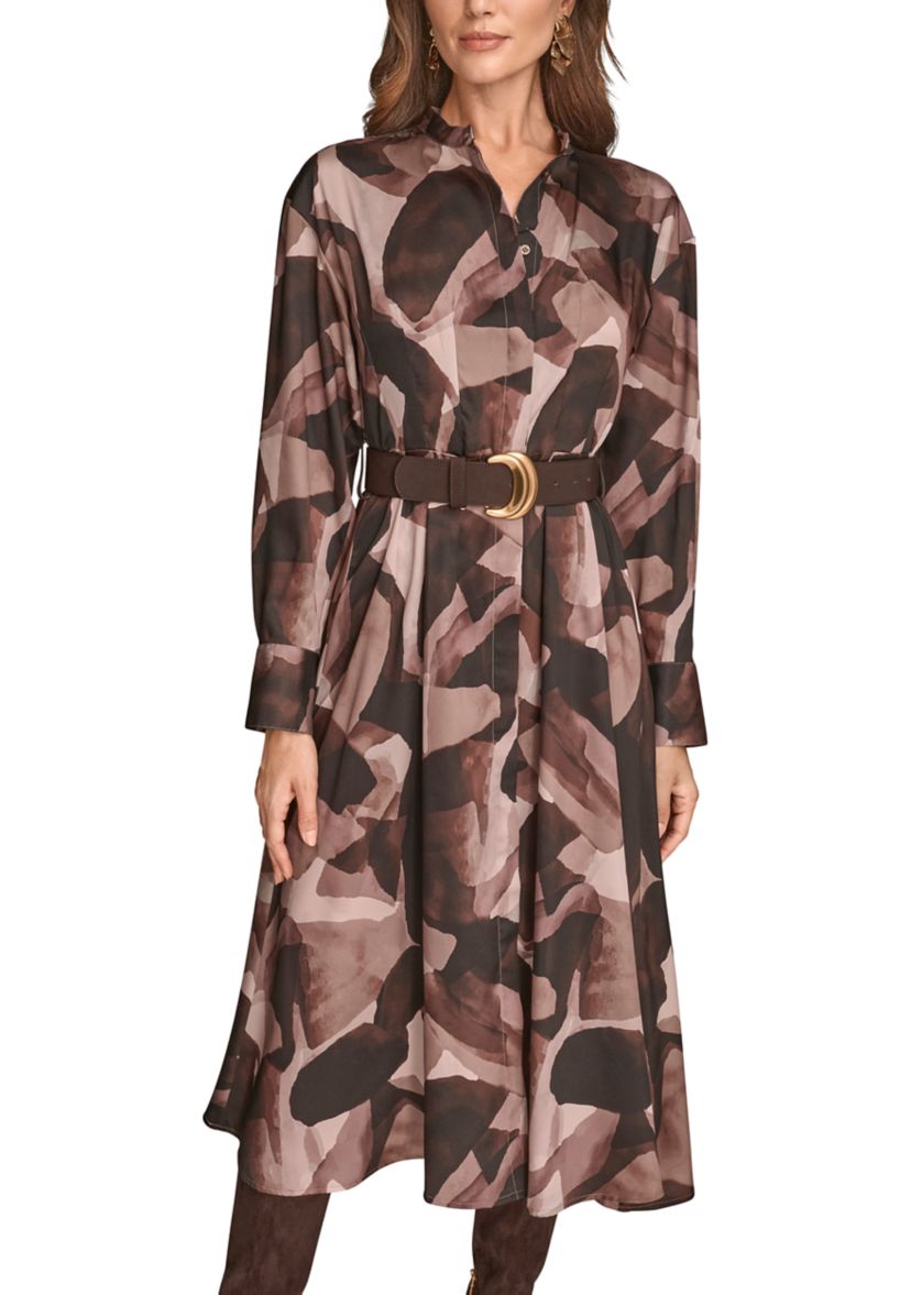 Womens Printed Long Sleeve Button Front Dress 