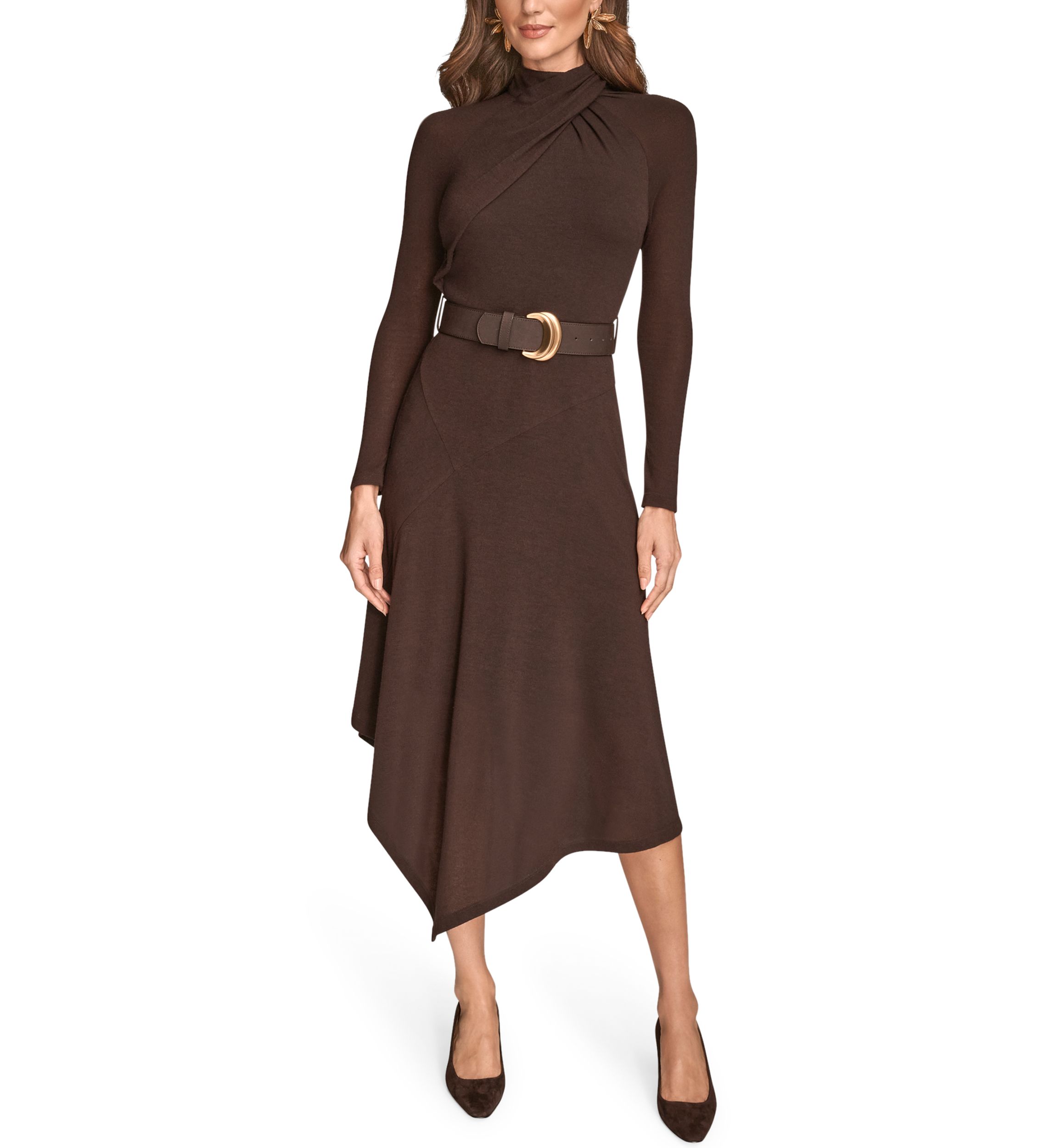 Womens Long Sleeve Mock Neck Angle Hem Dress