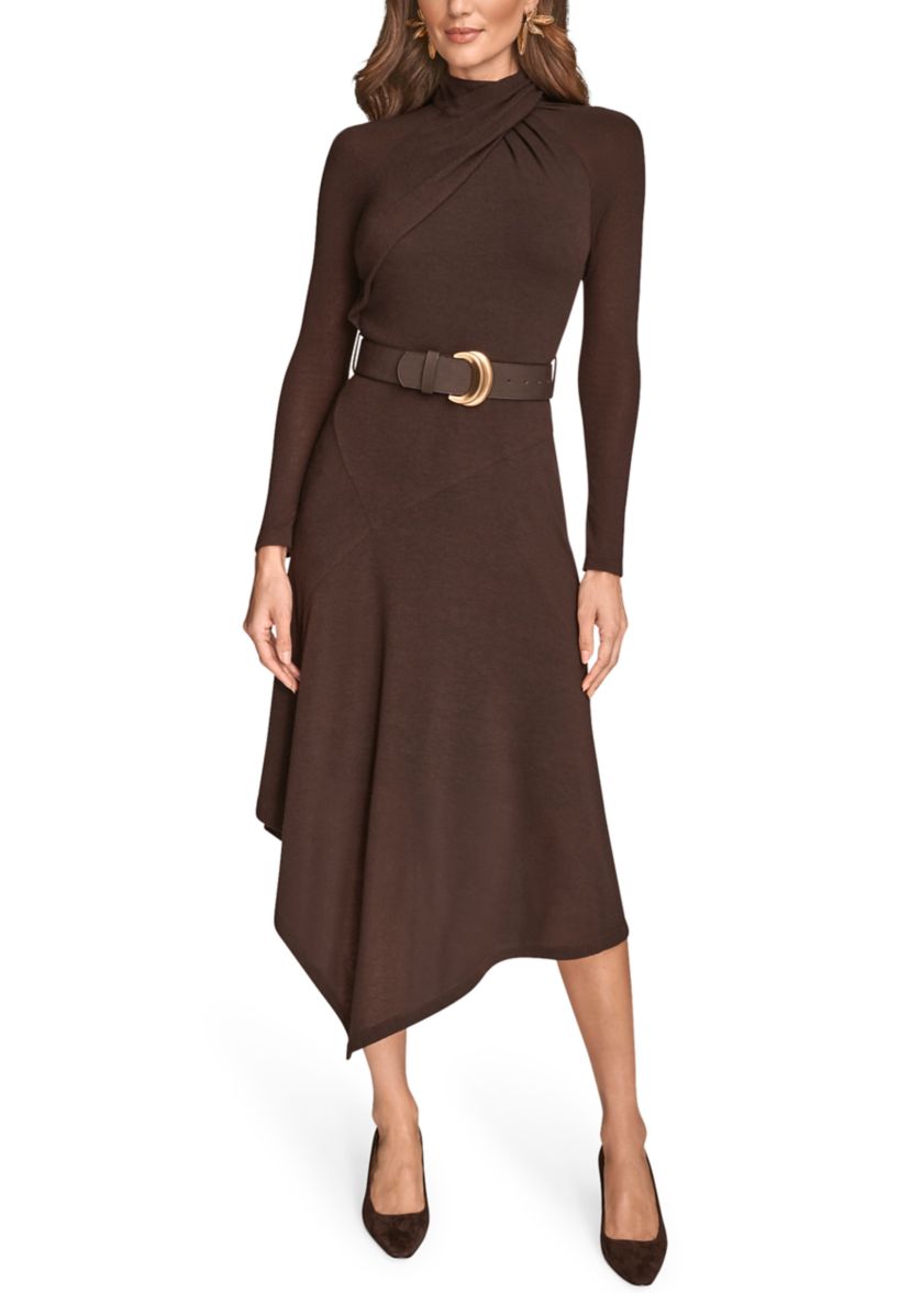 Womens Long Sleeve Mock Neck Angle Hem Dress