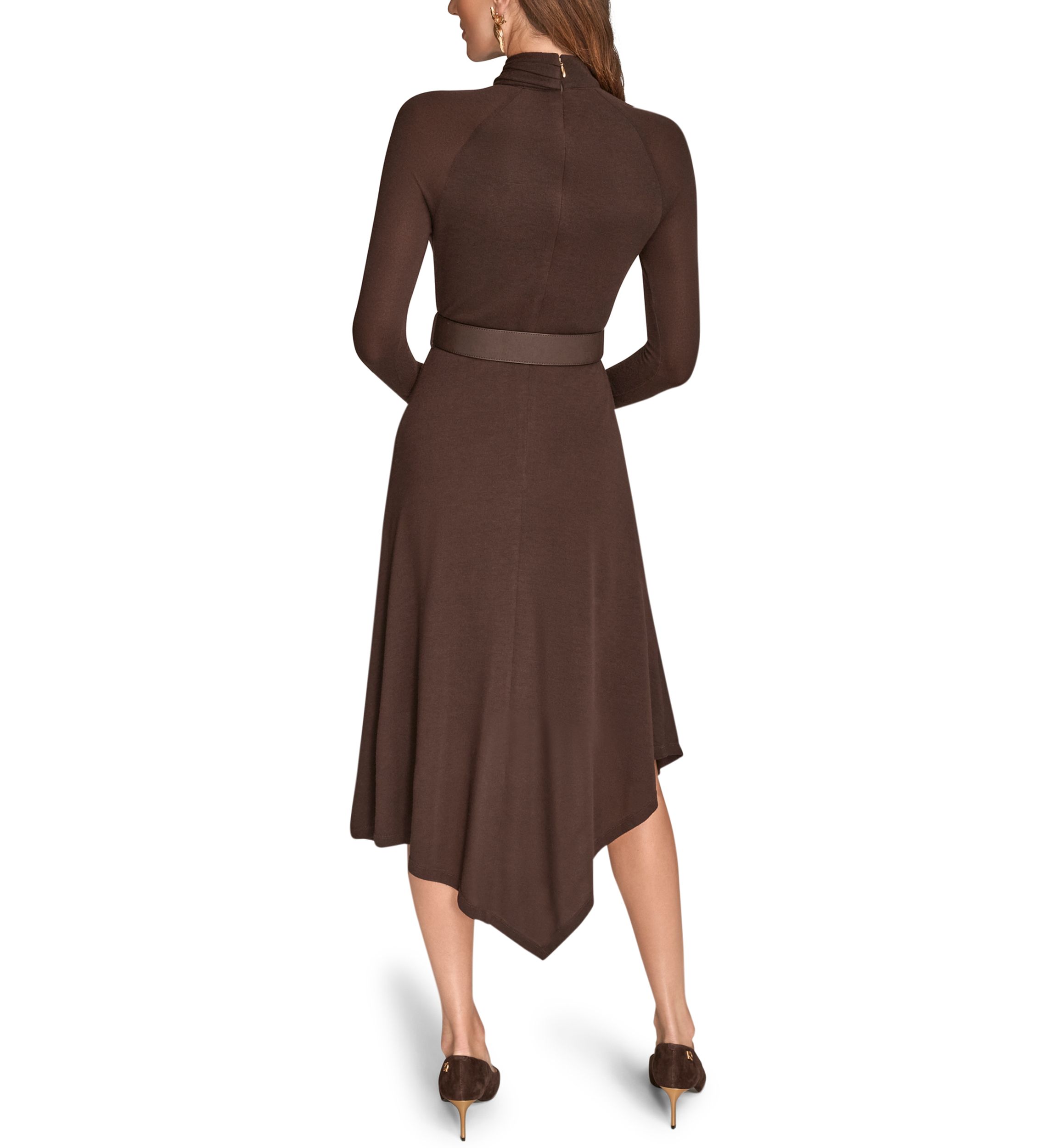 Womens Long Sleeve Mock Neck Angle Hem Dress