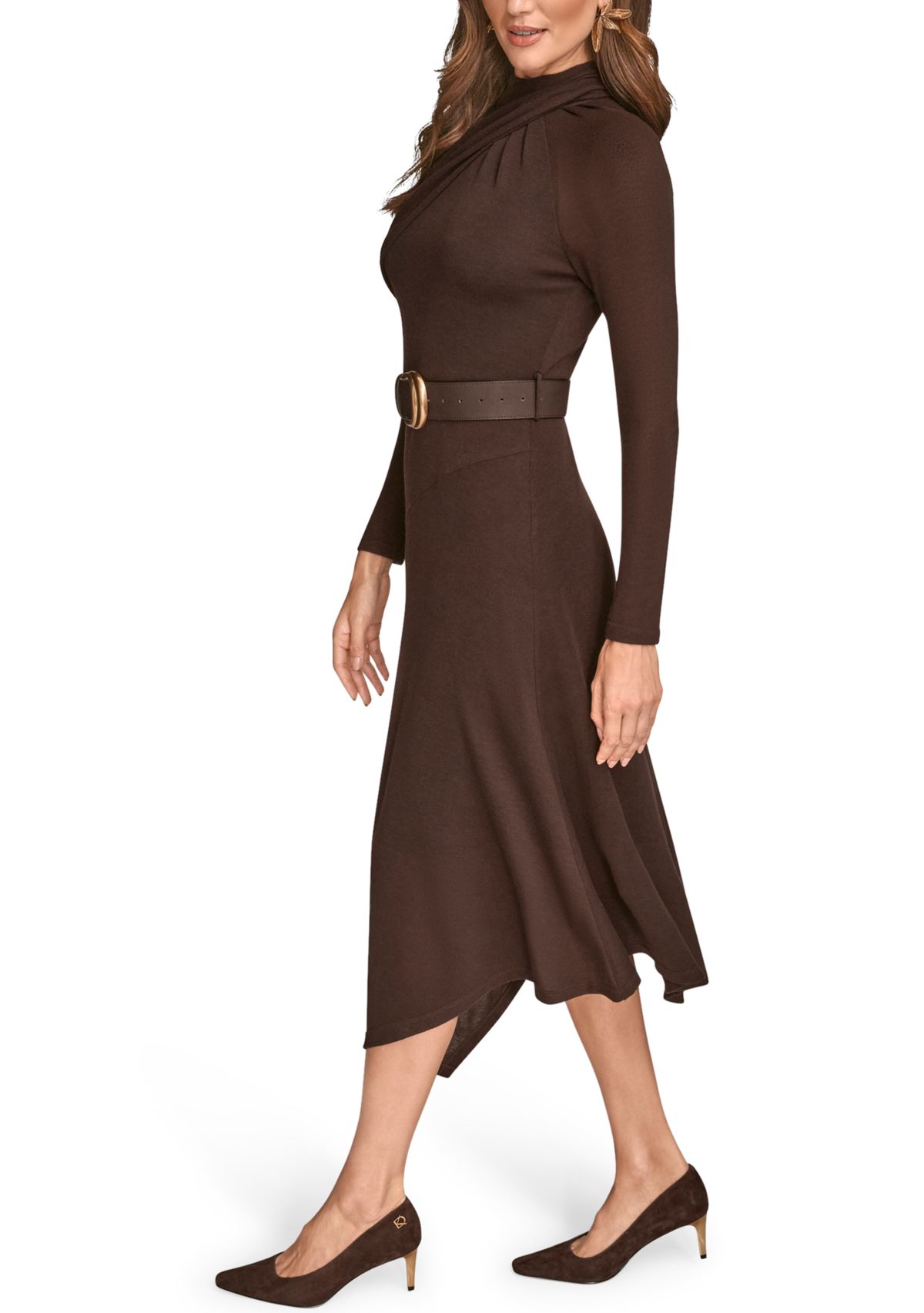 Womens Long Sleeve Mock Neck Angle Hem Dress
