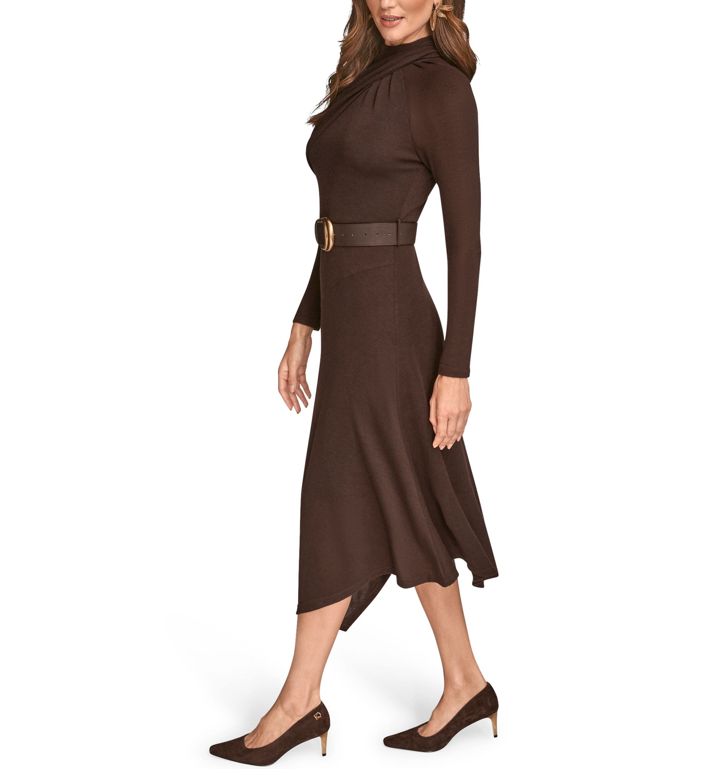 Womens Long Sleeve Mock Neck Angle Hem Dress