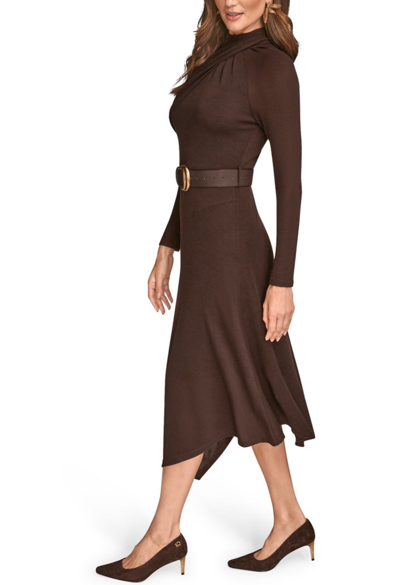 Womens Long Sleeve Mock Neck Angle Hem Dress