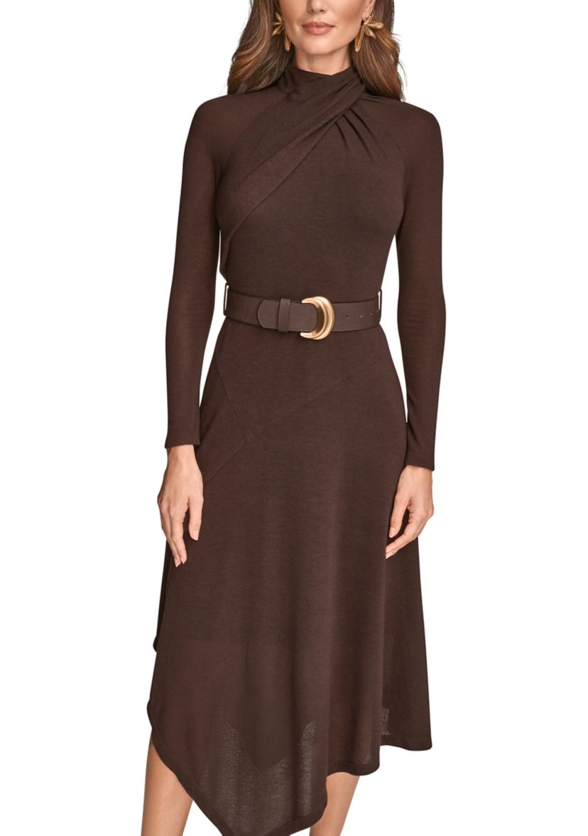 Womens Long Sleeve Mock Neck Angle Hem Dress