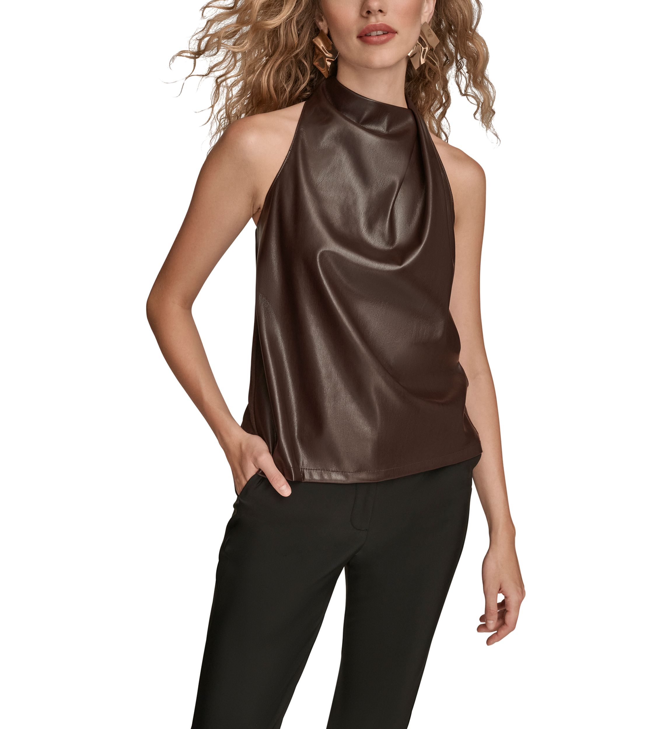 Womens Sleeveless Mock Neck Pleated Shoulder Top 