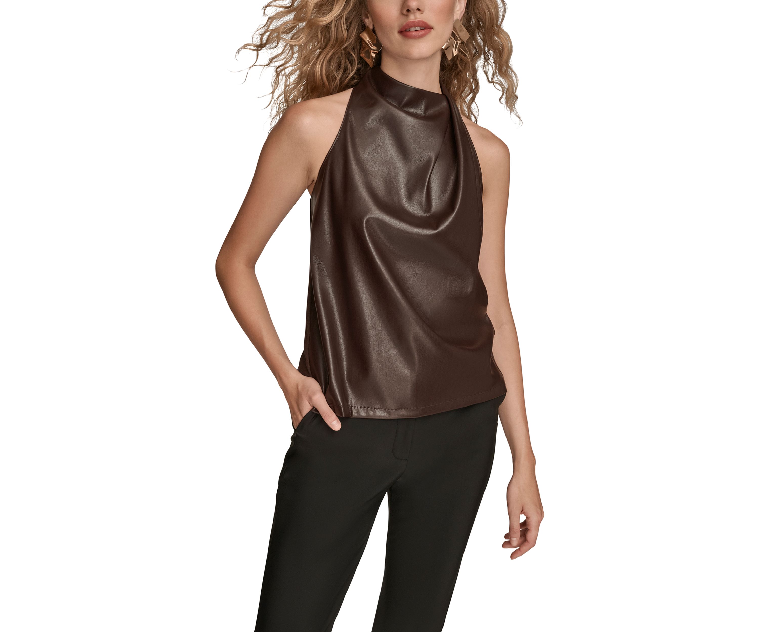 Womens Sleeveless Mock Neck Pleated Shoulder Top 