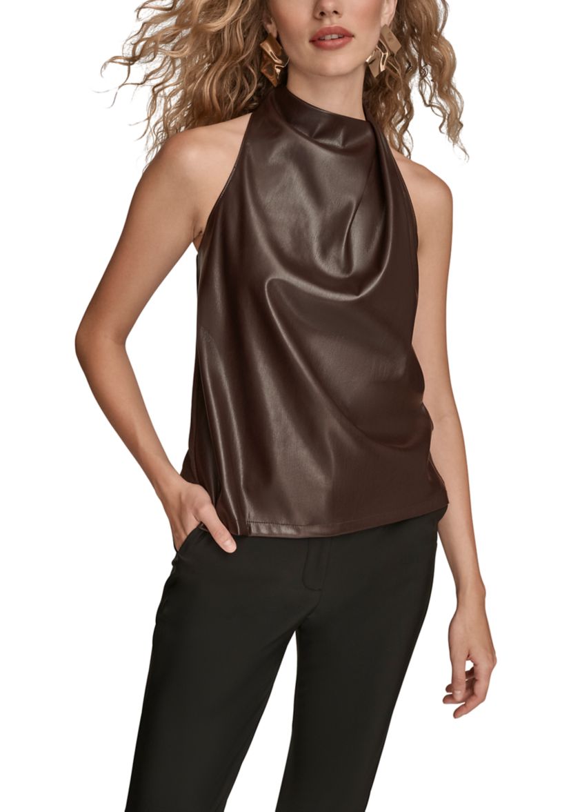 Womens Sleeveless Mock Neck Pleated Shoulder Top 
