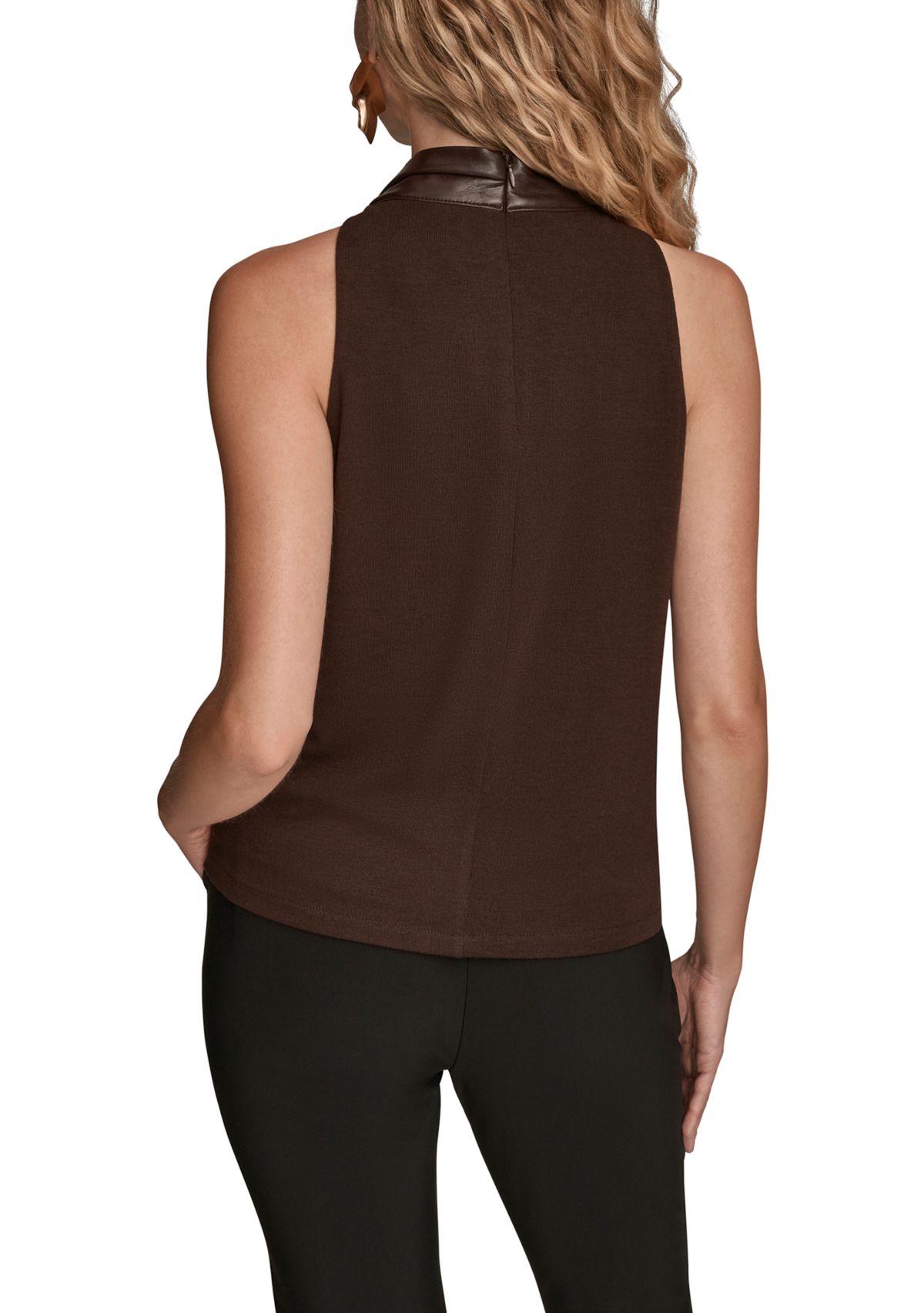 Womens Sleeveless Mock Neck Pleated Shoulder Top 