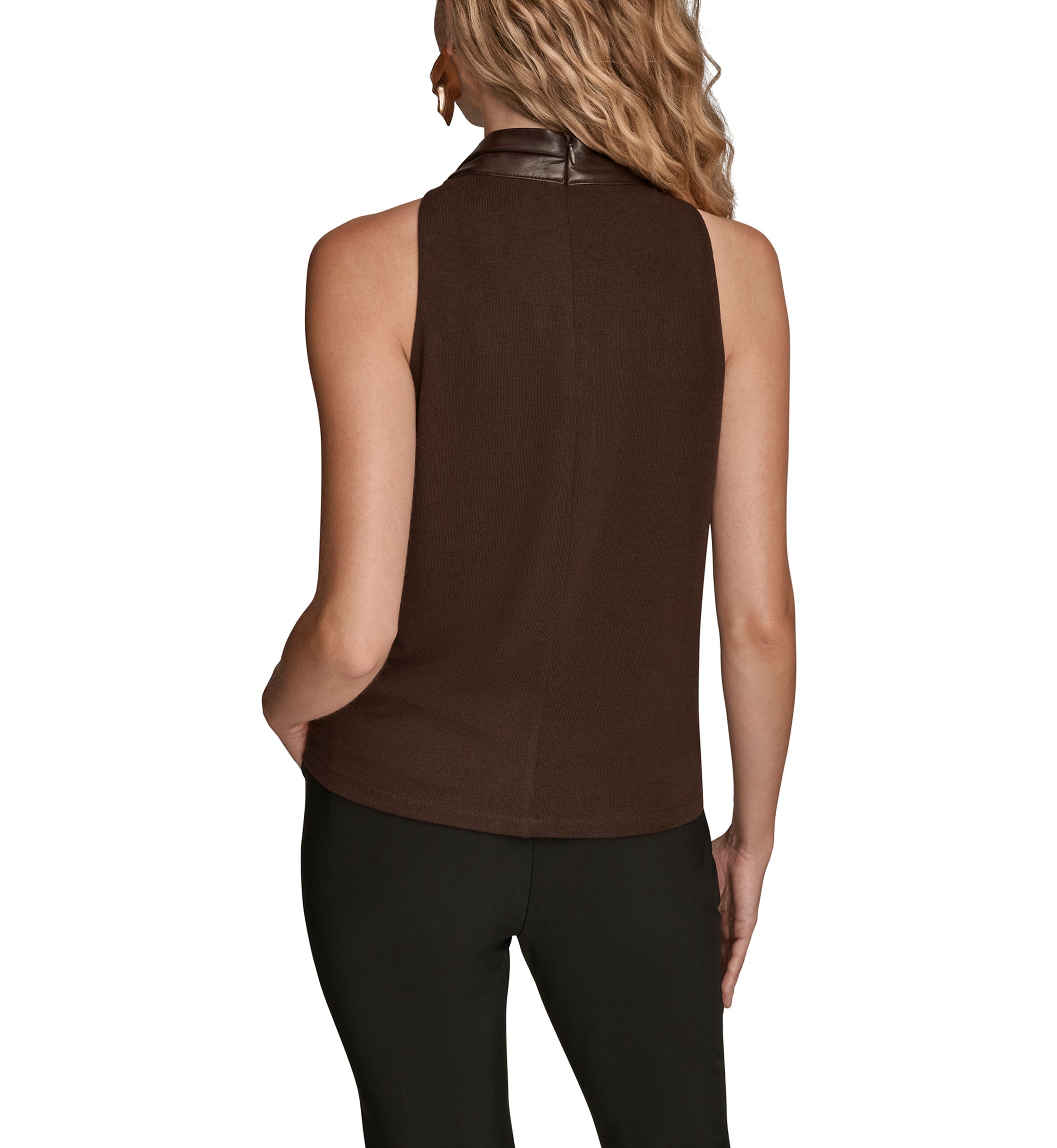 Womens Sleeveless Mock Neck Pleated Shoulder Top 