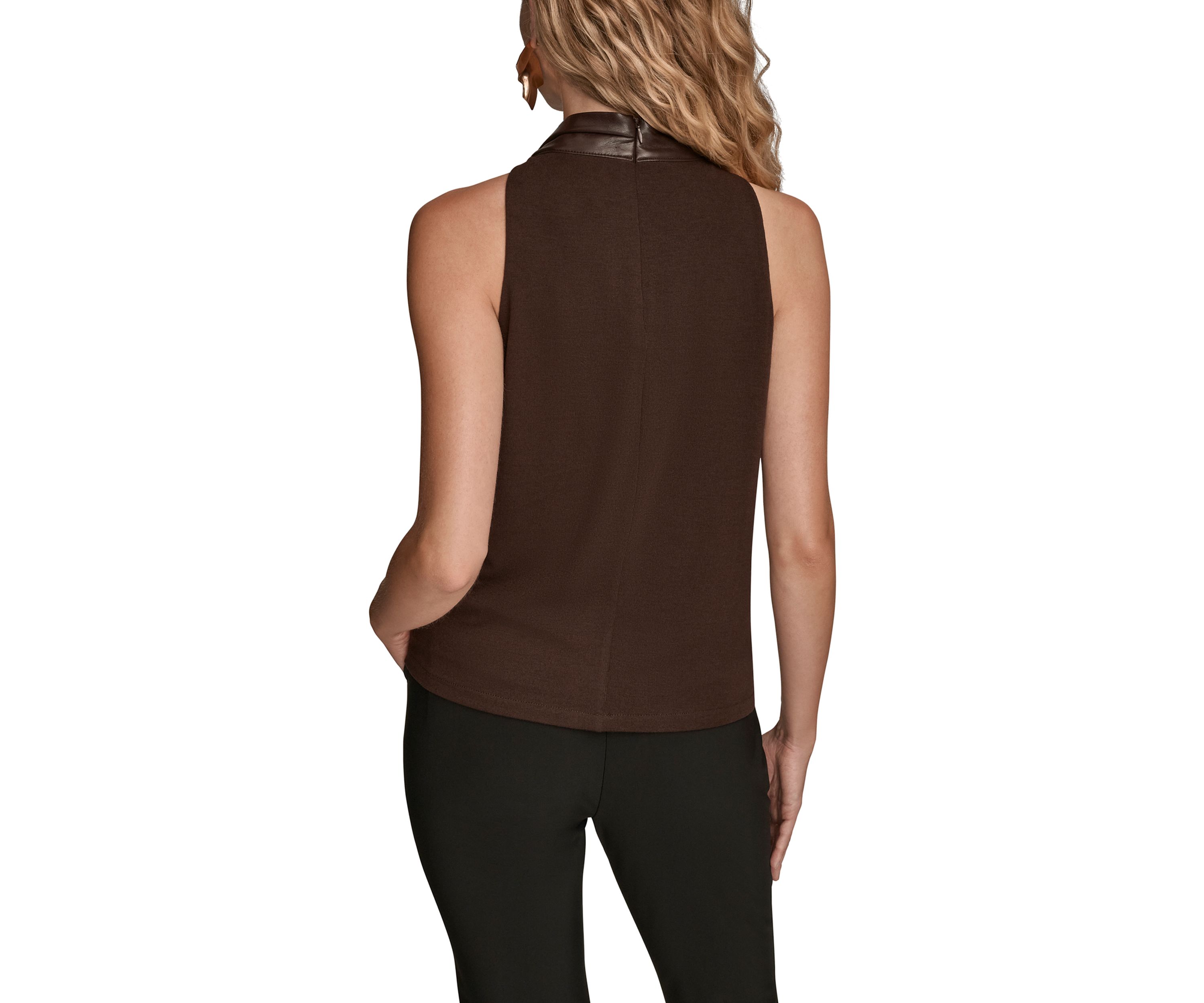 Womens Sleeveless Mock Neck Pleated Shoulder Top 