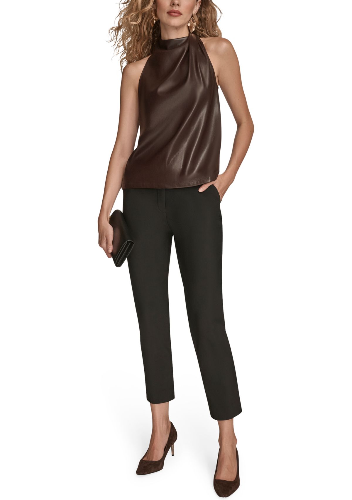 Womens Sleeveless Mock Neck Pleated Shoulder Top 