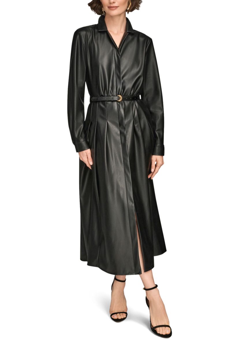 Womens Long Sleeve Collared Faux Leather Dress