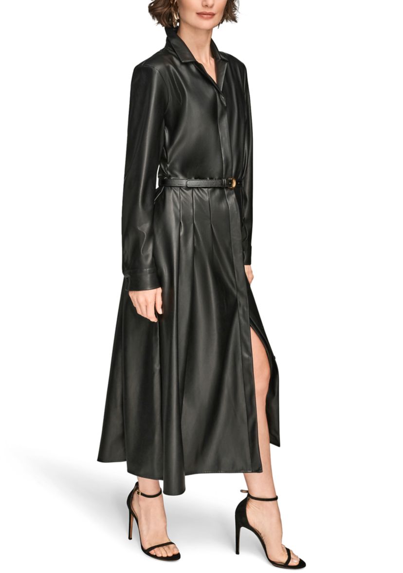 Womens Long Sleeve Collared Faux Leather Dress